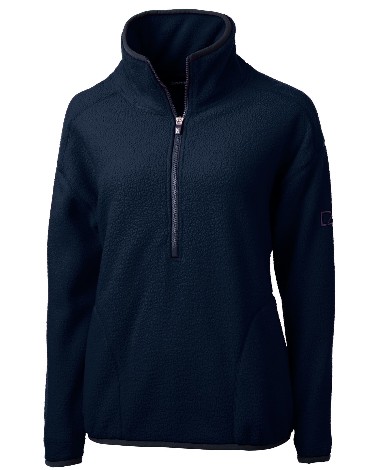 A dark navy half zip jacket made from eco-friendly Sherpa fabric, featuring a high collar and a logo on the sleeve.