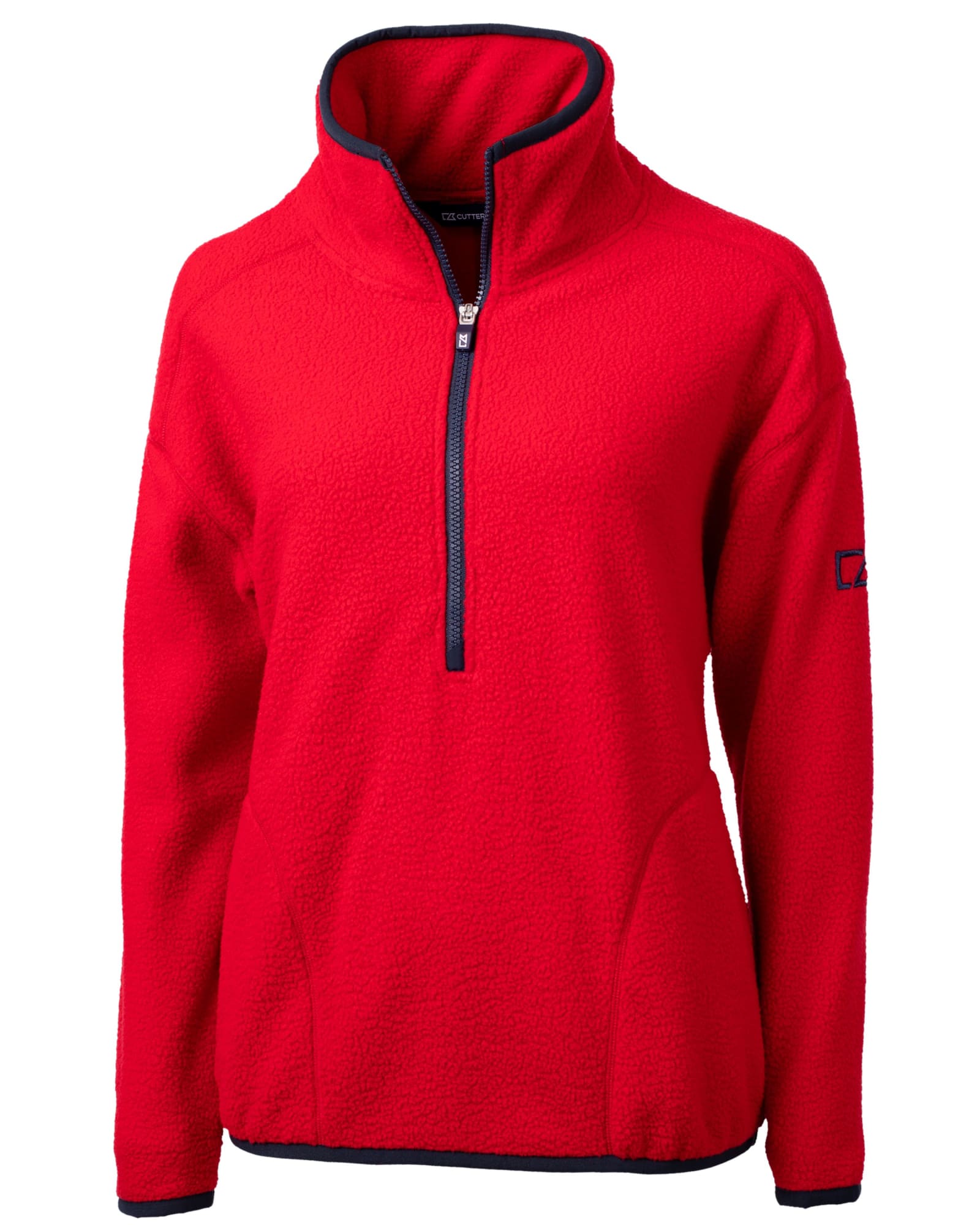 A red eco-friendly half zip jacket with a high collar and contrasting navy trim. Features a logo on the sleeve.