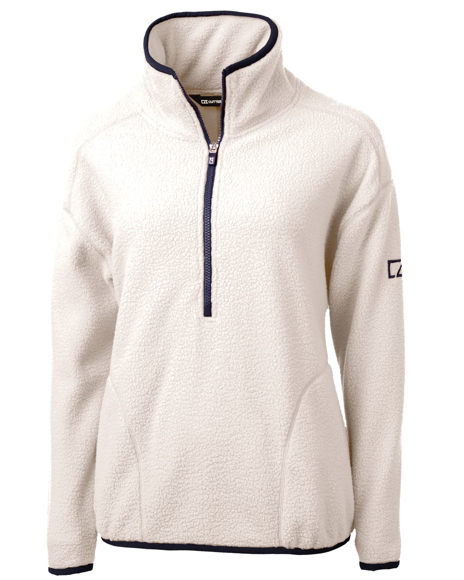 A cream-coloured half-zip fleece jacket with a high collar and a logo on the sleeve.