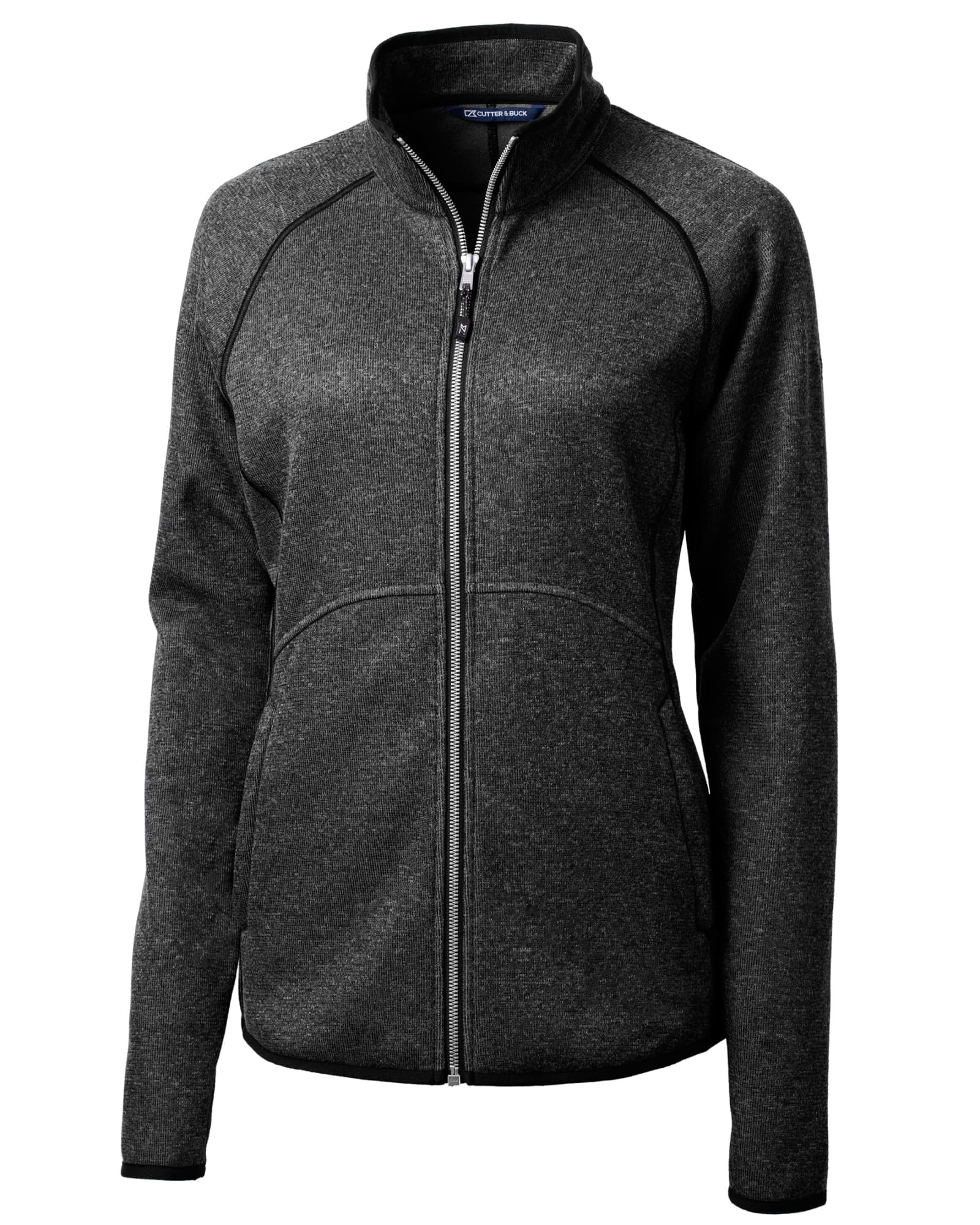 A full zip jacket in charcoal grey with a fitted design and a logo on the chest.