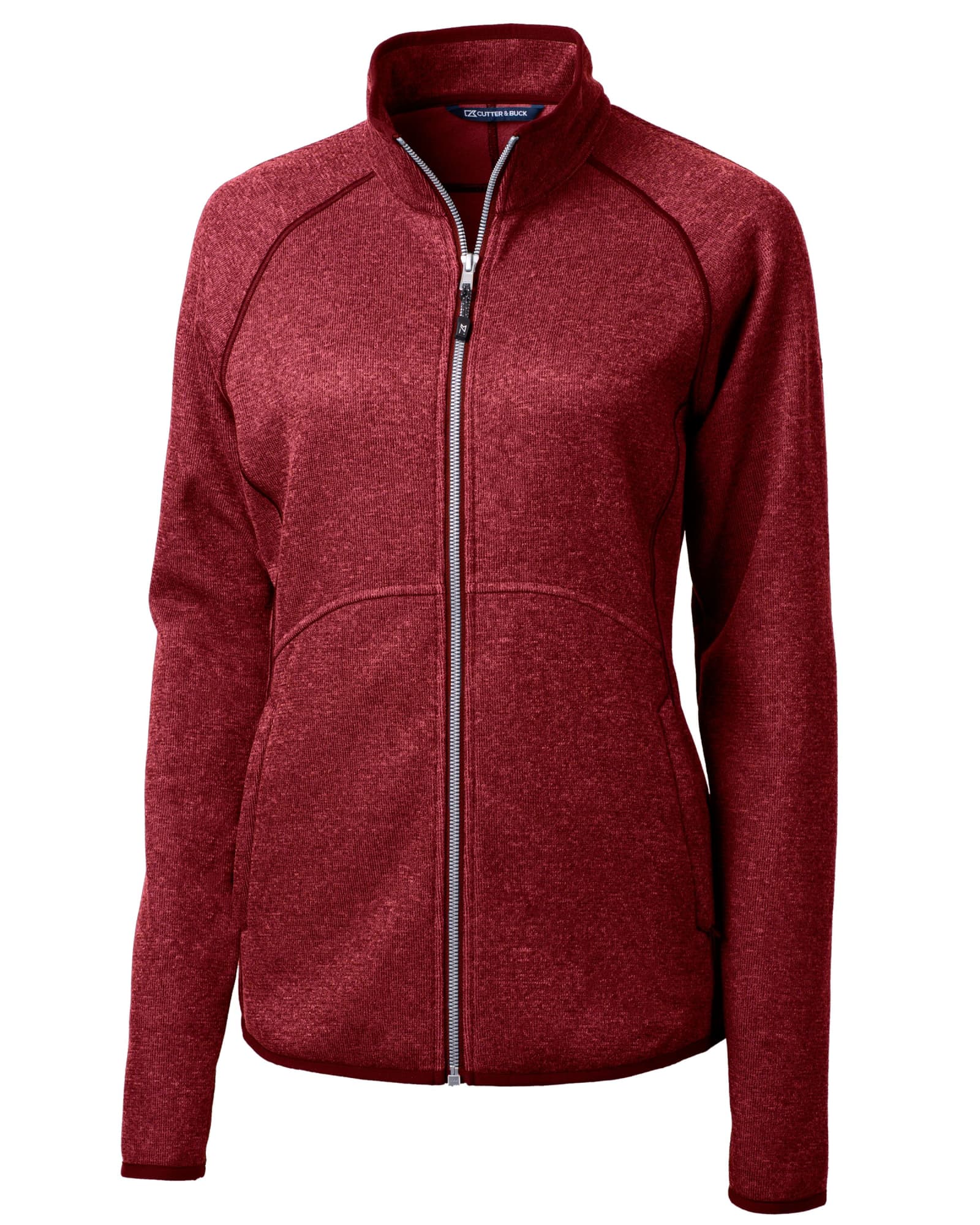 A red full zip jacket with a fitted design and zippered pockets. It features a branding logo on the garment.