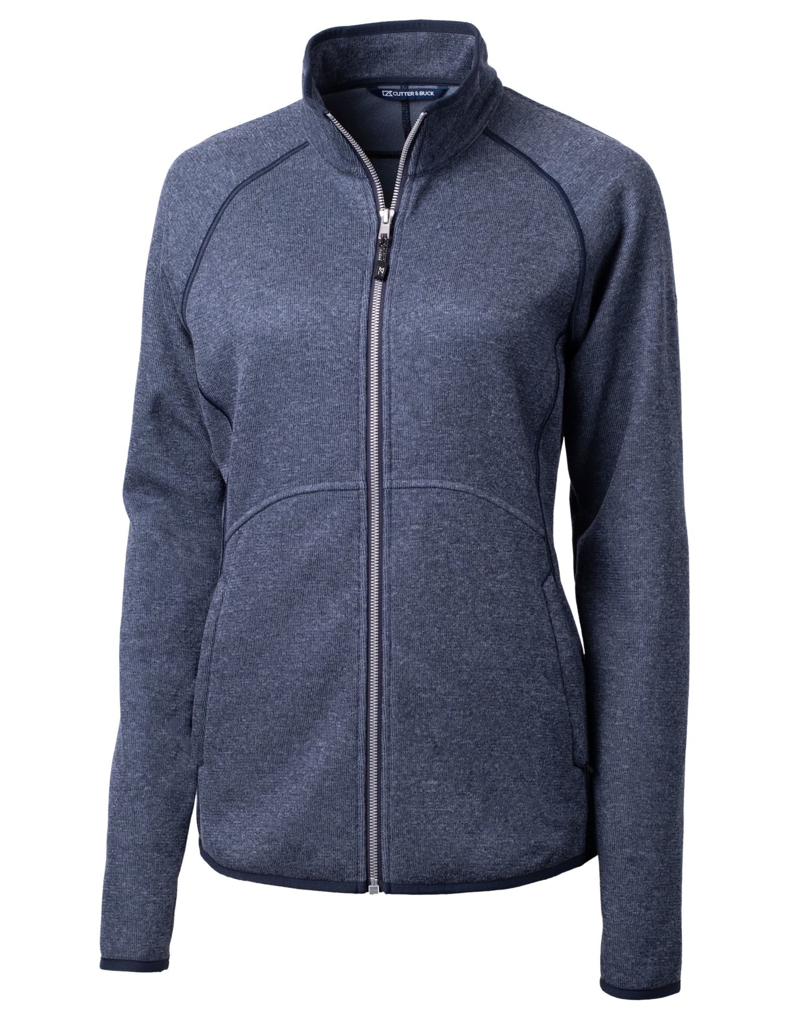 A dark grey full zip jacket for women, featuring a zip closure and a sleek, fitted design. It has a logo on it.