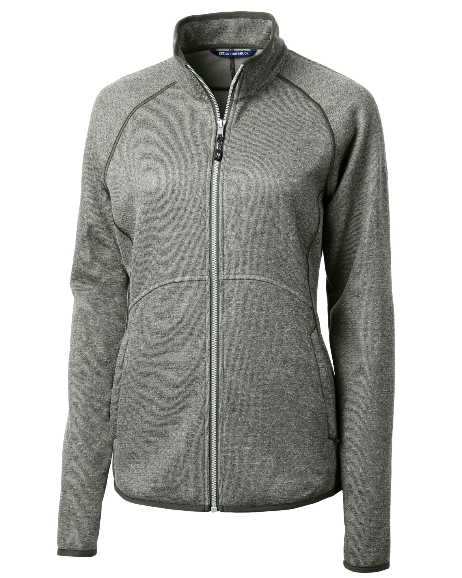 A grey full zip jacket designed for ladies, featuring a zip front and side pockets, with a logo on the chest.