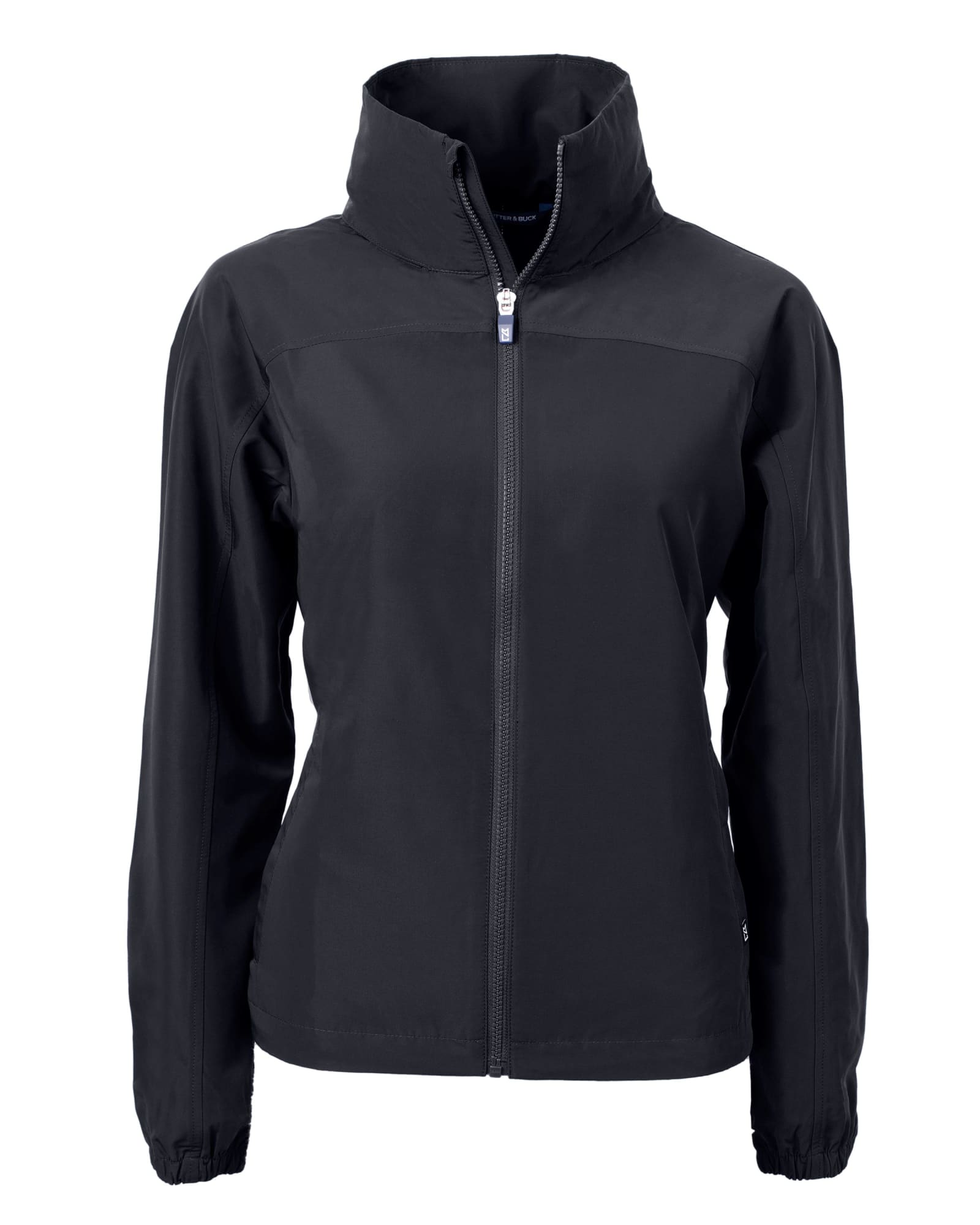 A black full zip jacket featuring a high collar and a logo. Suitable for women's wear.