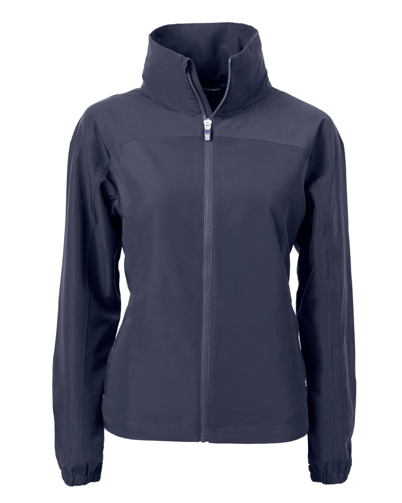 A navy women's full zip jacket featuring a high collar and long sleeves. The jacket has a small logo on it.