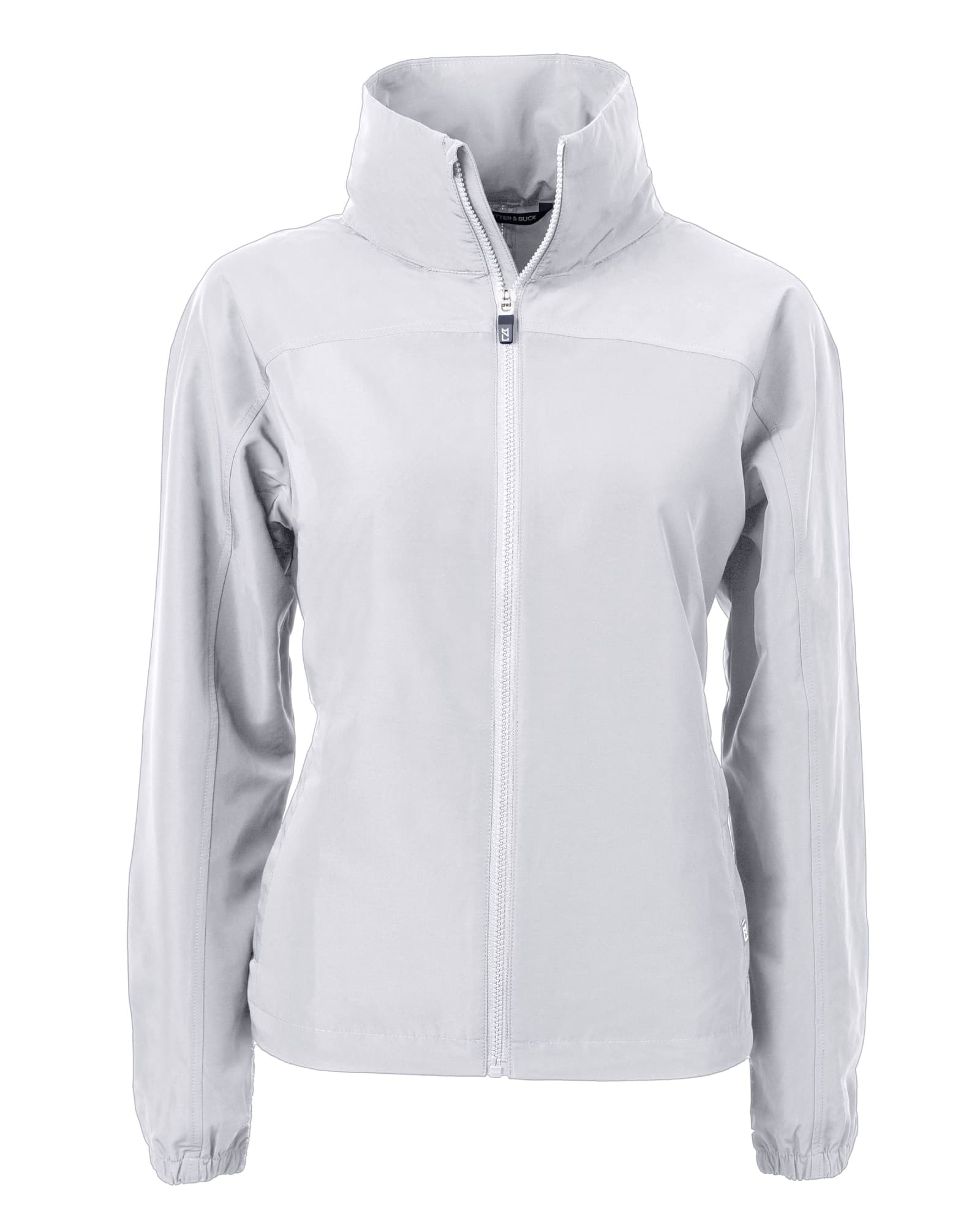 A light grey, full zip jacket for ladies with a high collar and a branded logo. Ideal for various casual occasions.