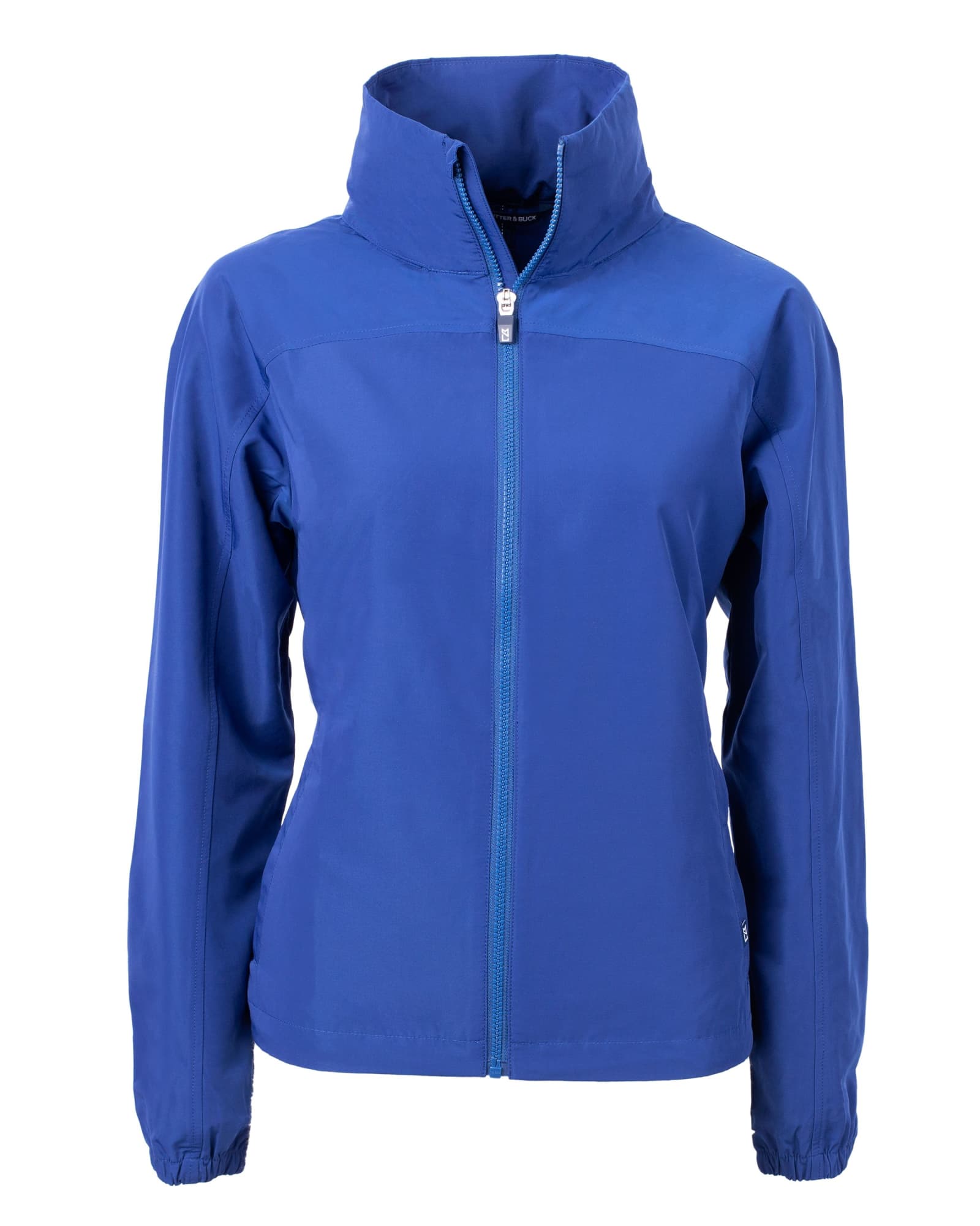 A blue full zip jacket for women featuring a high collar and long sleeves, with a logo on it.
