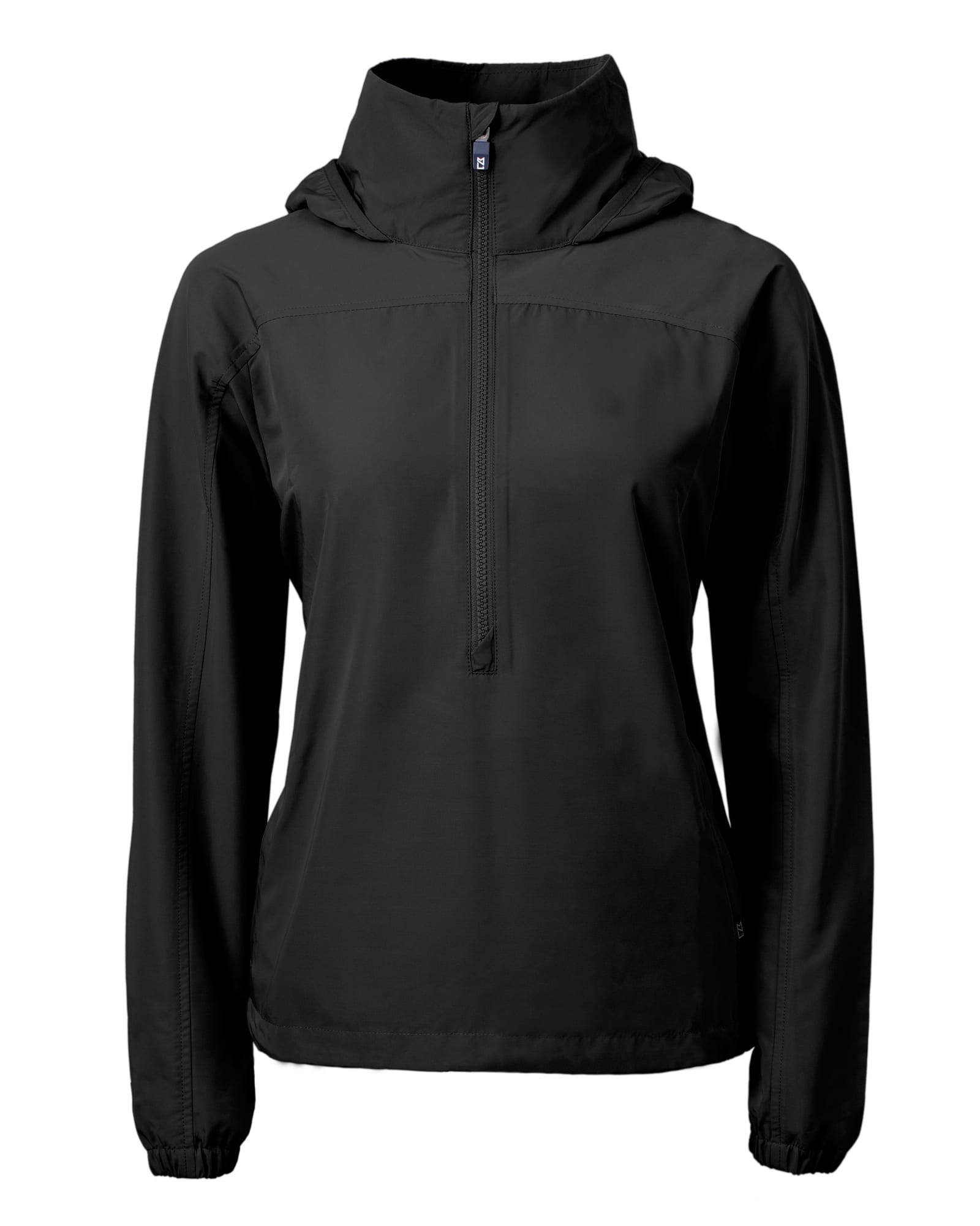 A black ladies’ anorak jacket with a hood and a front zip, featuring a logo. Ideal for rainy weather.