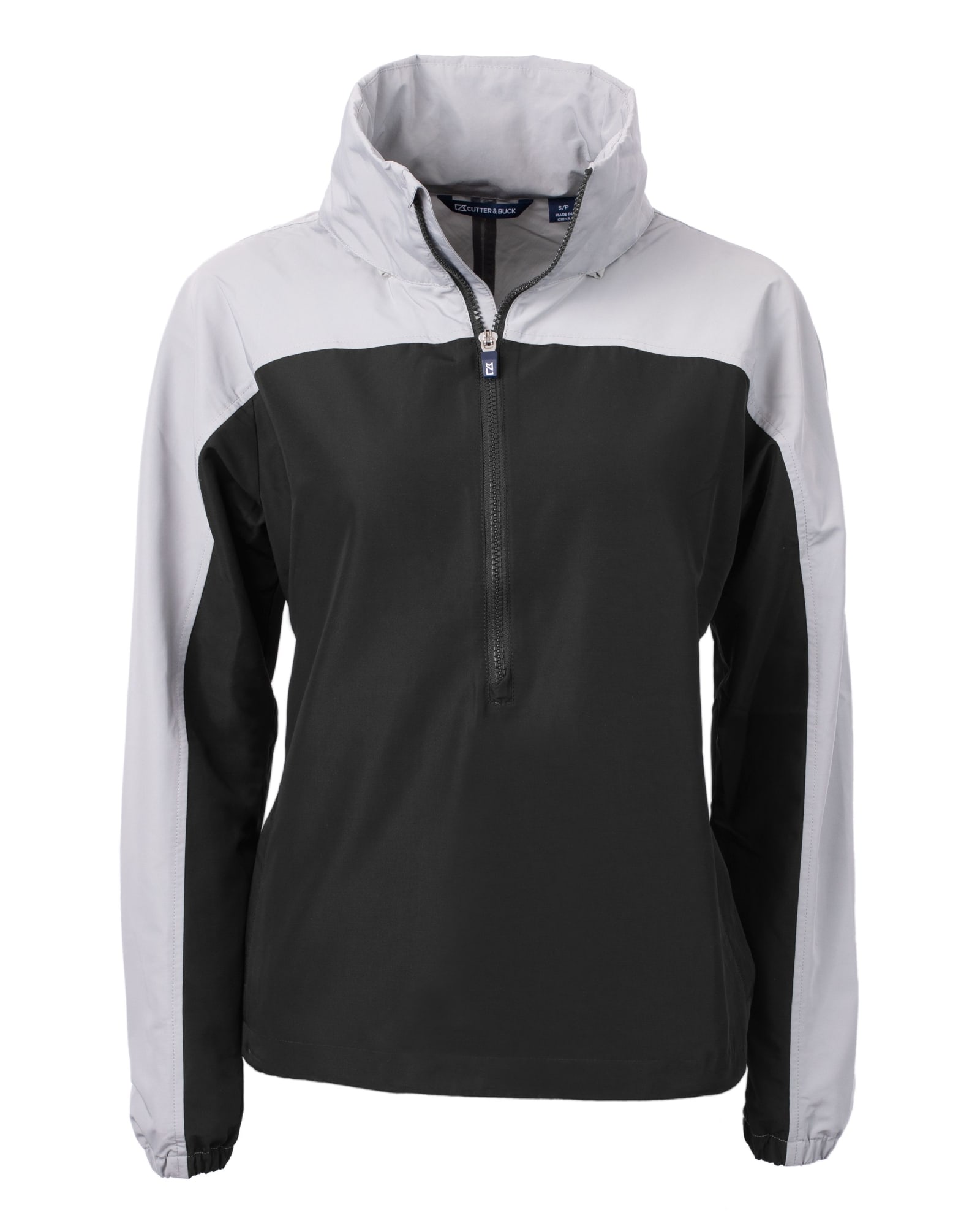 A black and grey women's anorak jacket with a half-zip and hood, featuring a logo on the chest.