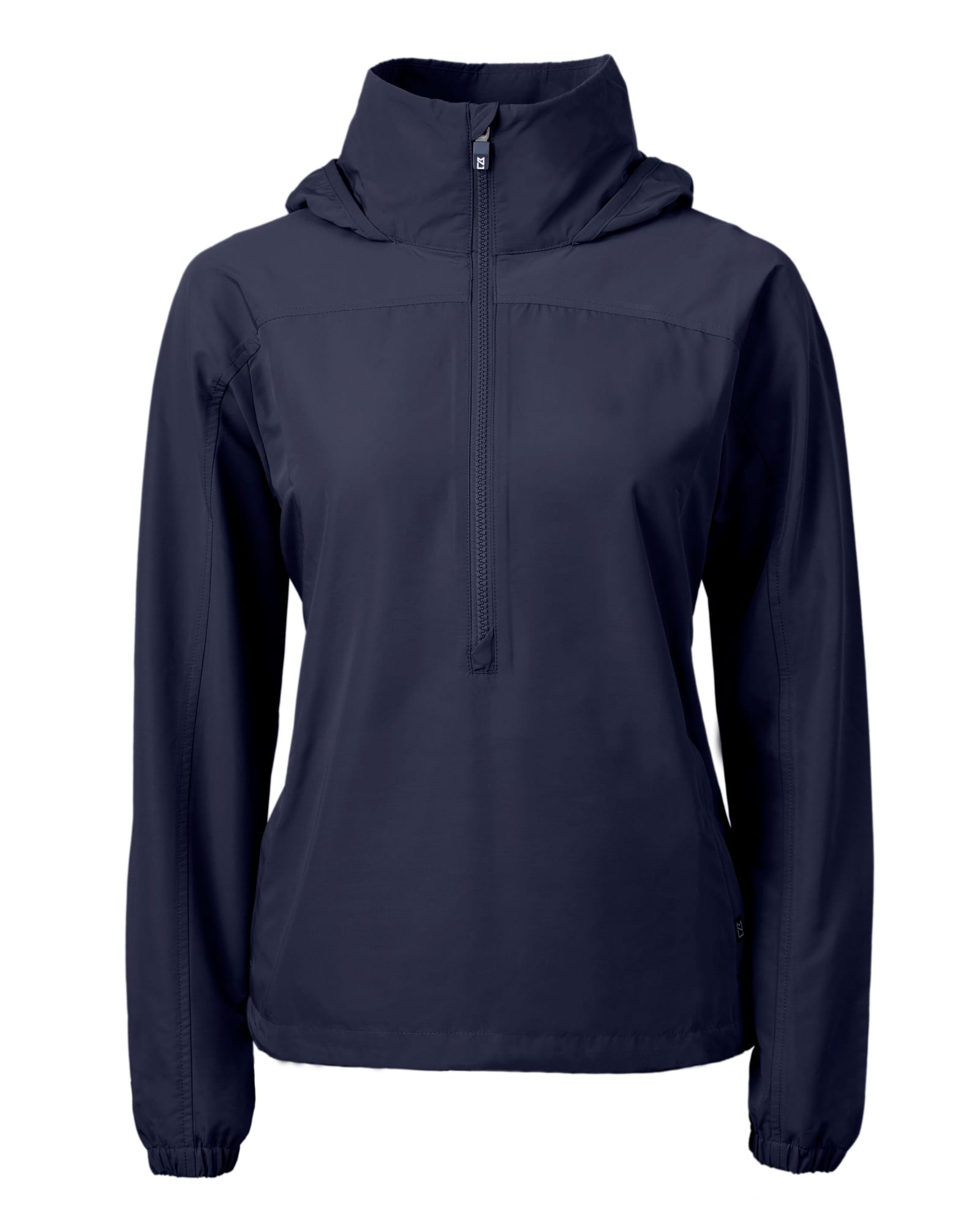 A navy Ladies Charter Anorak Jacket with a hood and front zip. The jacket features a logo on the side.