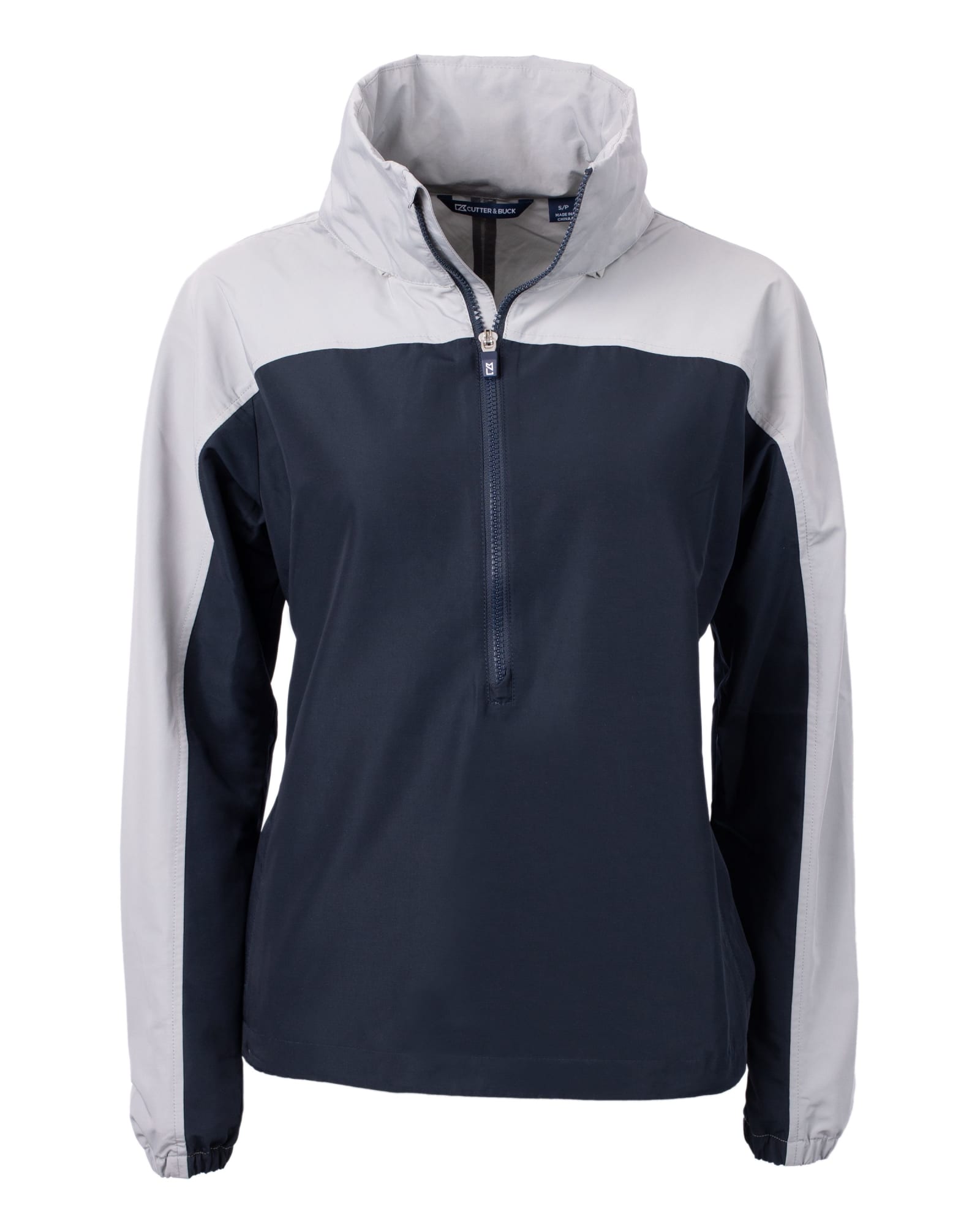 A rain jacket featuring a navy and grey colour scheme, with a half-zip and hood. It has a logo on the front.