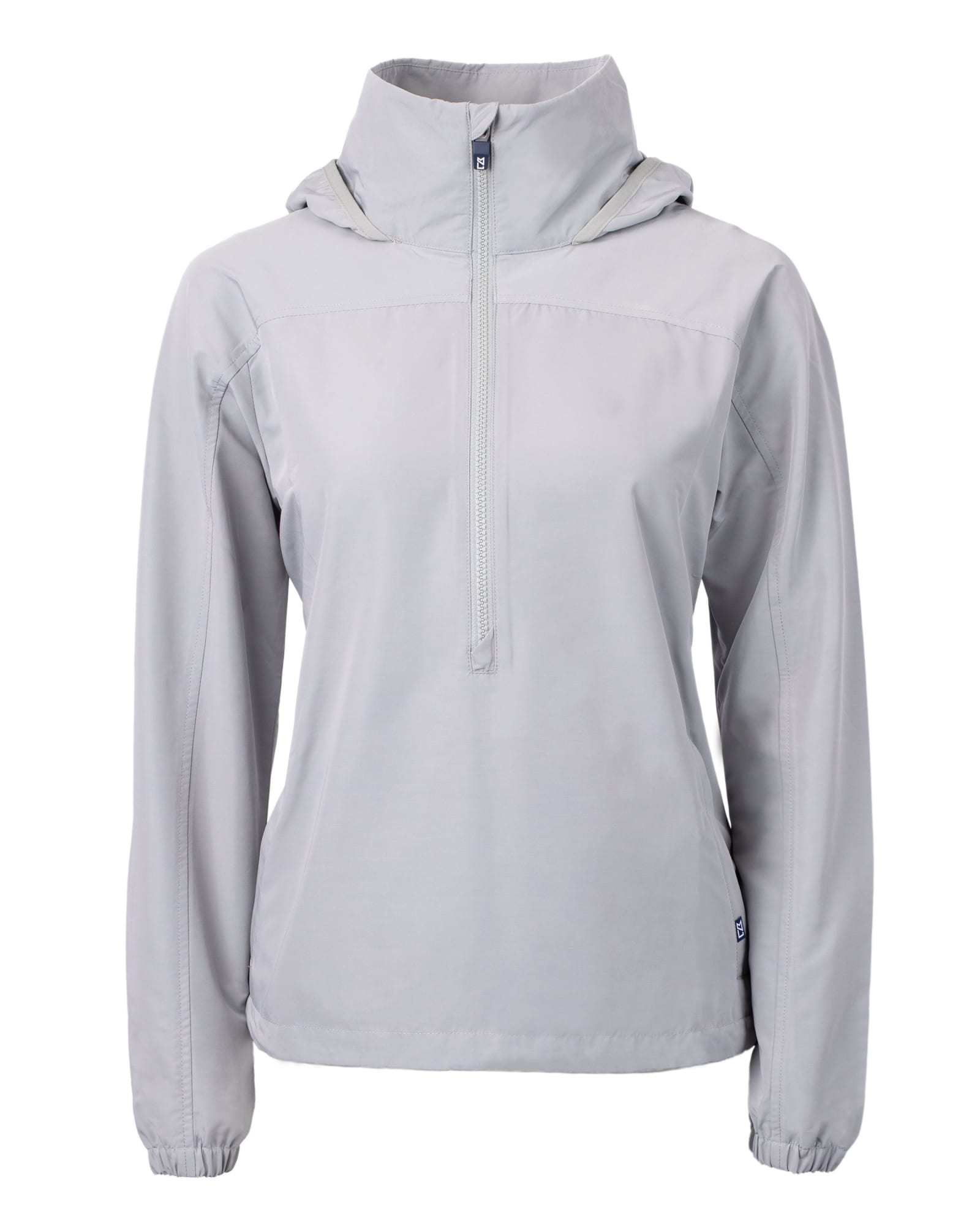 A lightweight grey women's anorak jacket featuring a hood and a front zipper. It has a small logo on the side.