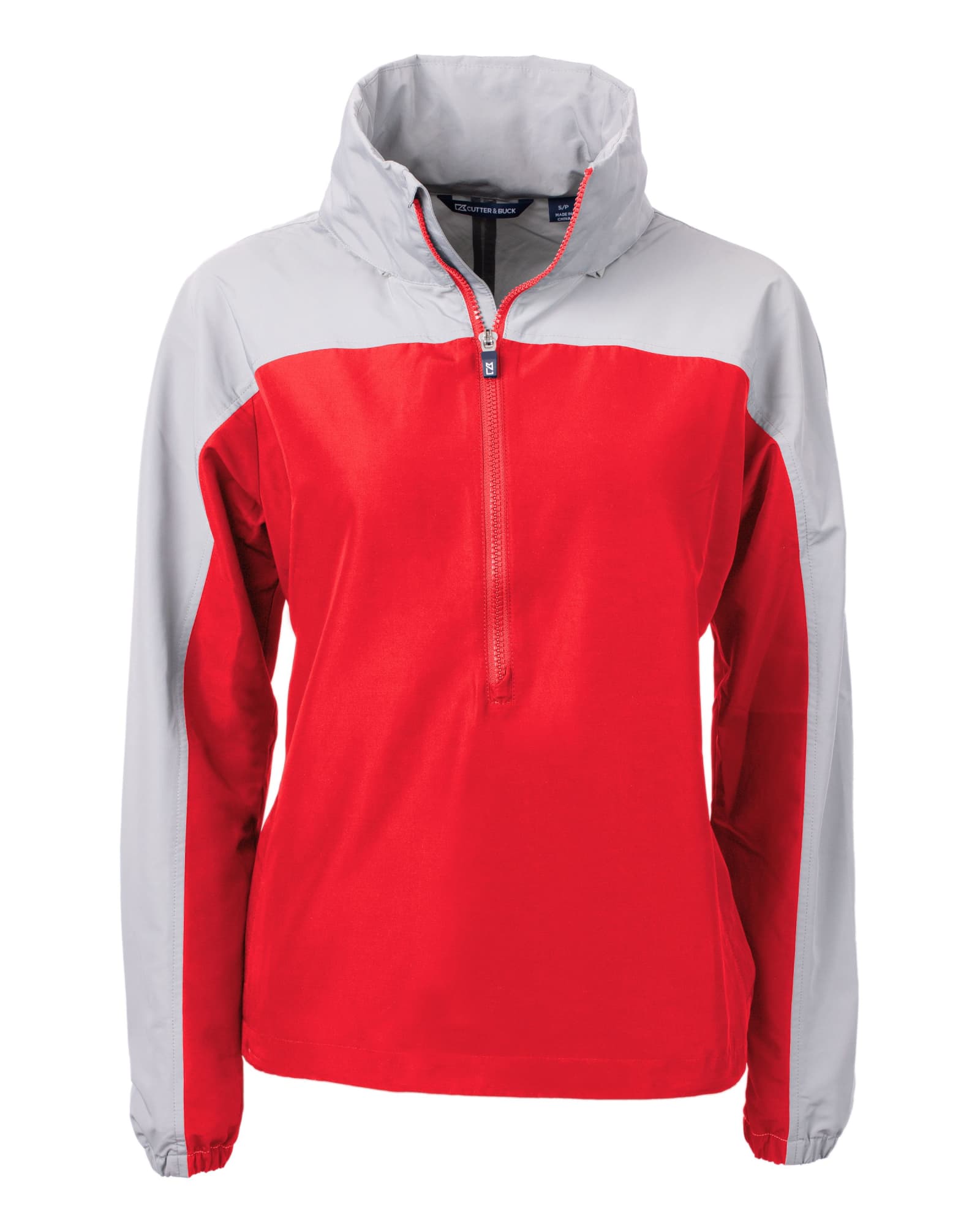 A red and grey ladies' anorak jacket with a zip and a high collar, featuring a logo on one side.