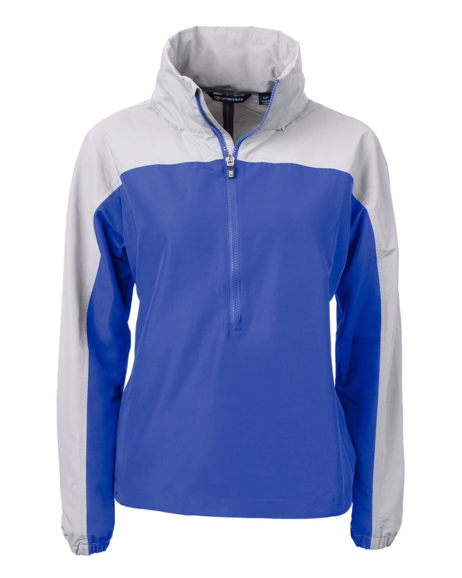 A blue and grey Ladies Charter Anorak Jacket featuring a half-zip design and a hood. It has a logo.