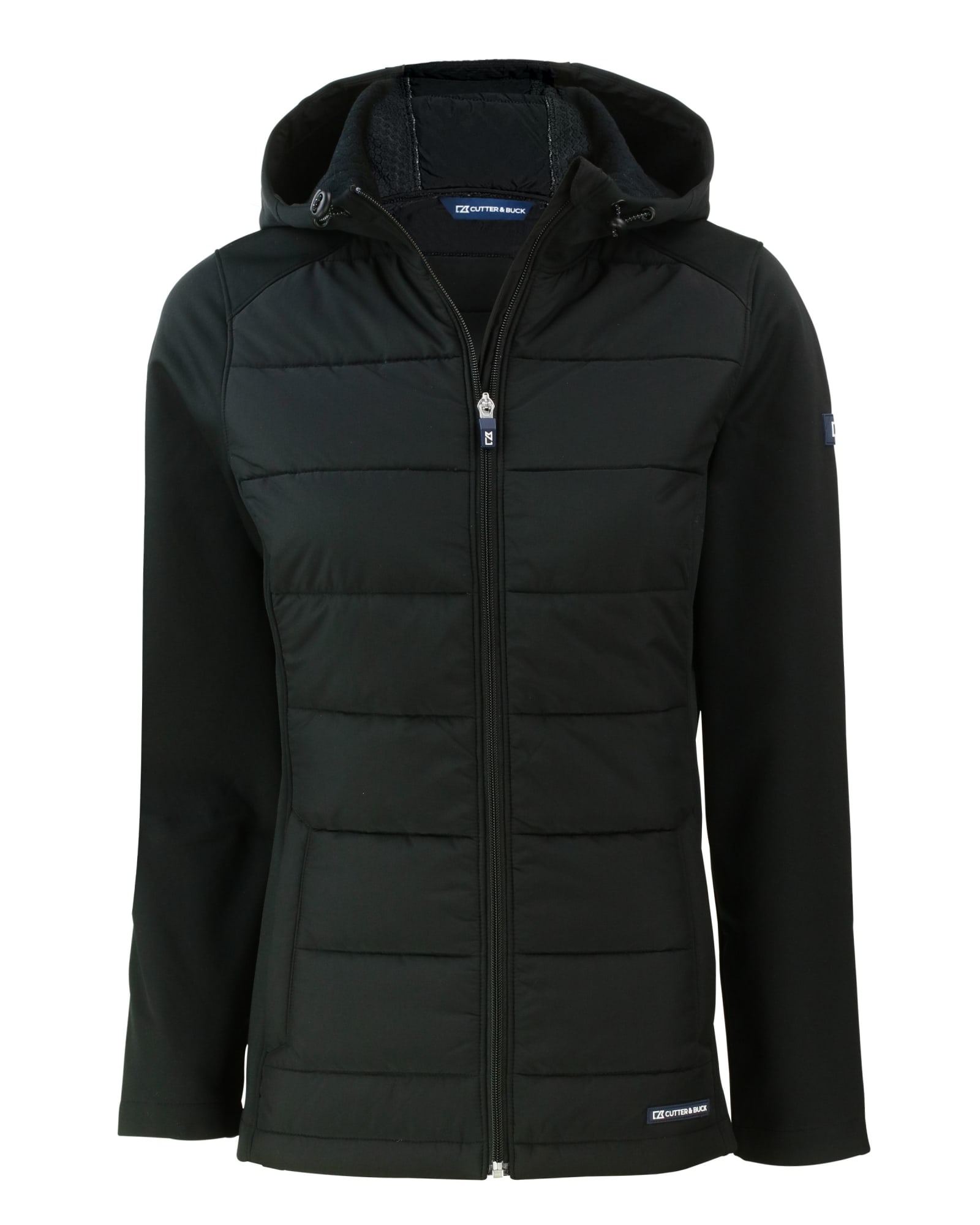 A black soft shell jacket featuring a zip-up front, hood, and a quilted body design. It has a logo on one sleeve.