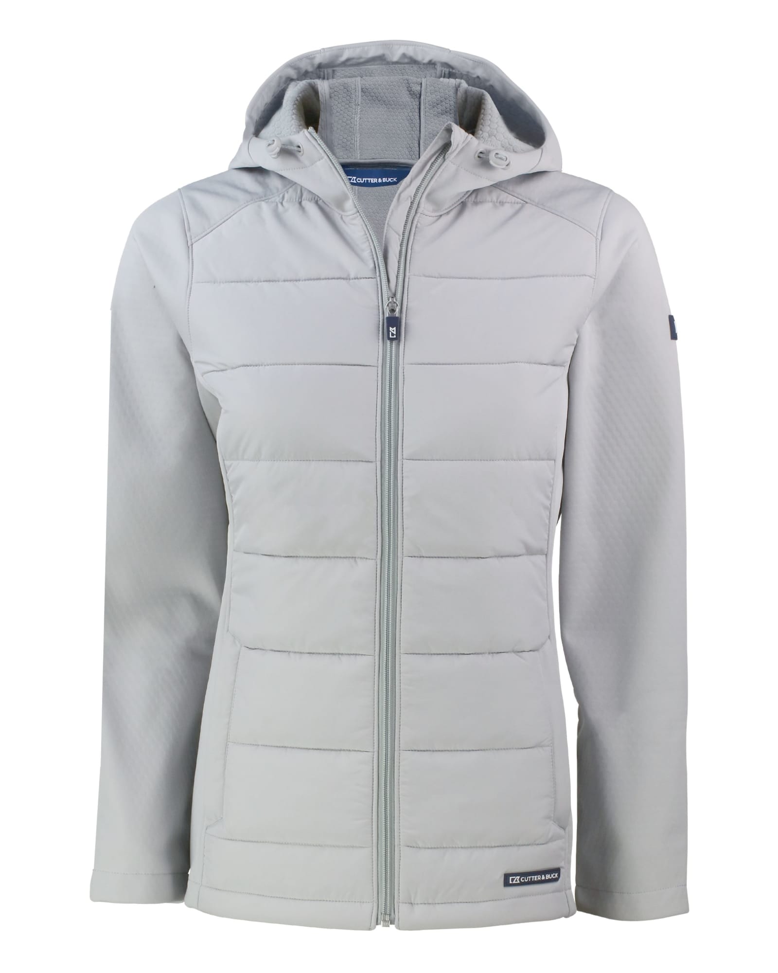 A light grey soft shell jacket with a hood and zip closure, featuring a logo on the front.