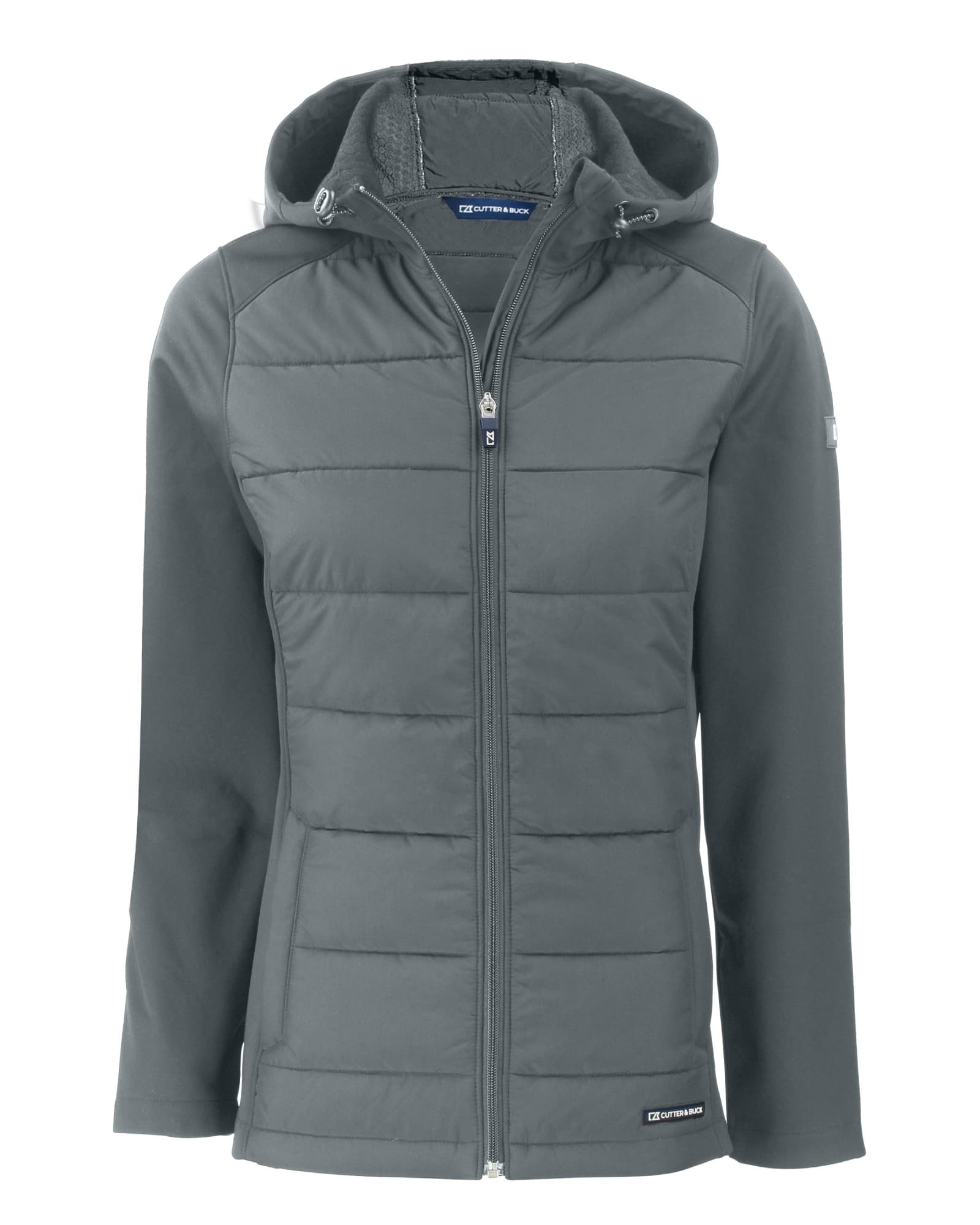 A grey eco hybrid jacket with a hood, featuring a zip front and quilted design. It includes a logo on the sleeve.