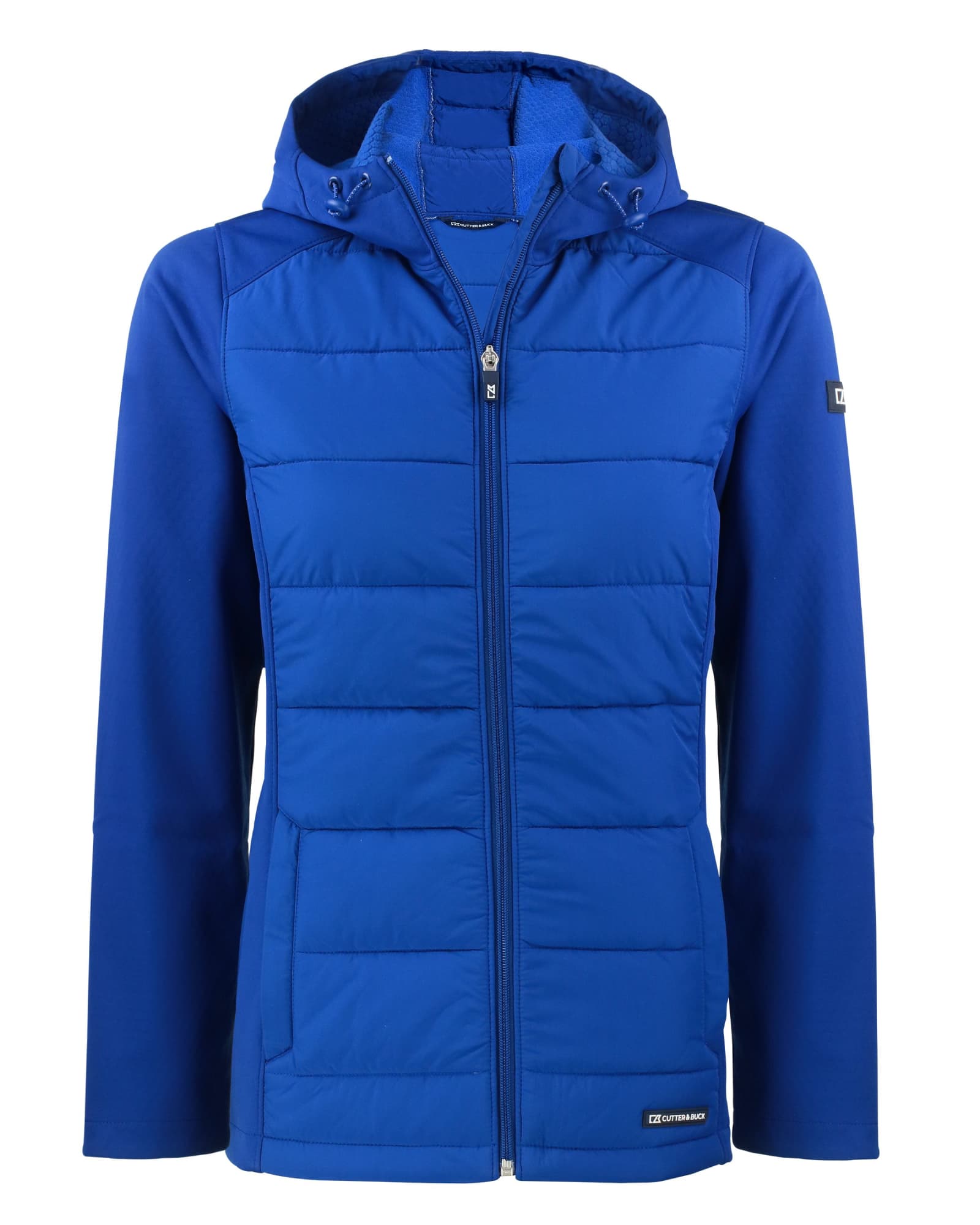 A blue soft shell jacket with a hood, featuring a zip front and a logo on the sleeve.