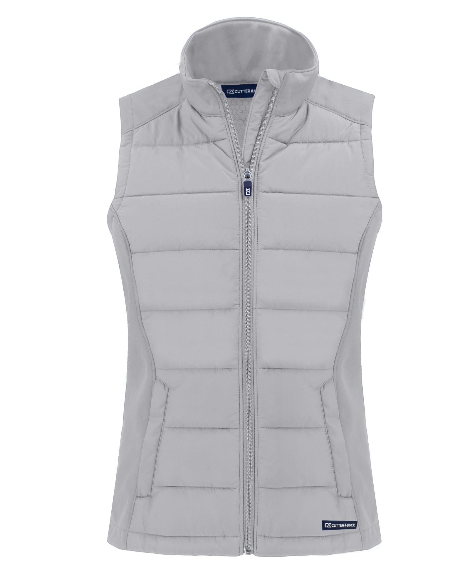 A light grey women's eco hybrid vest featuring a zip front, padded design, and a logo on the lower hem.