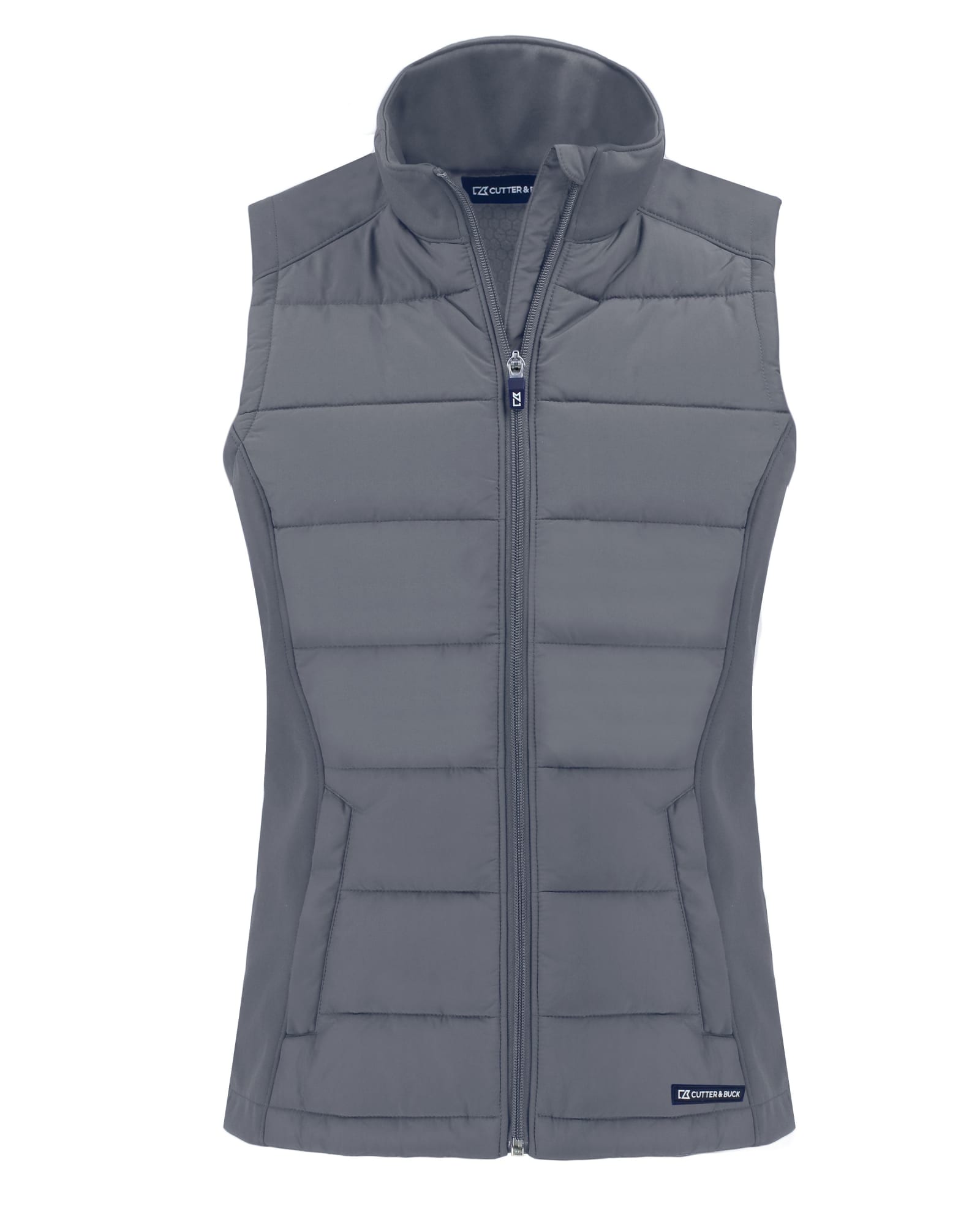 A grey eco hybrid vest with a high collar and zip front, featuring a logo on the lower side.