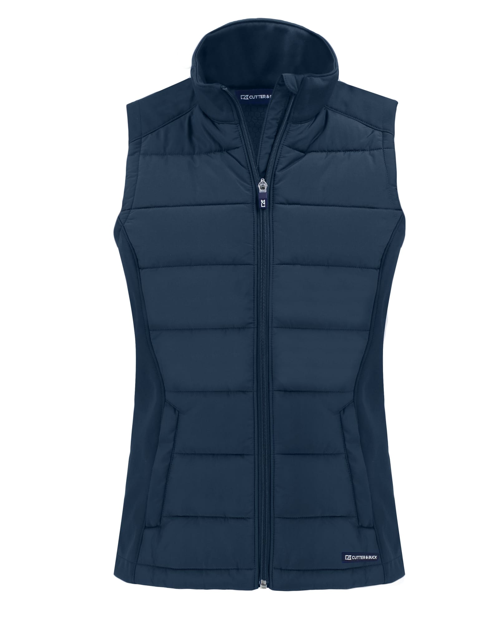 A navy blue ladies' vest with a zip front and padded sections, featuring a logo.