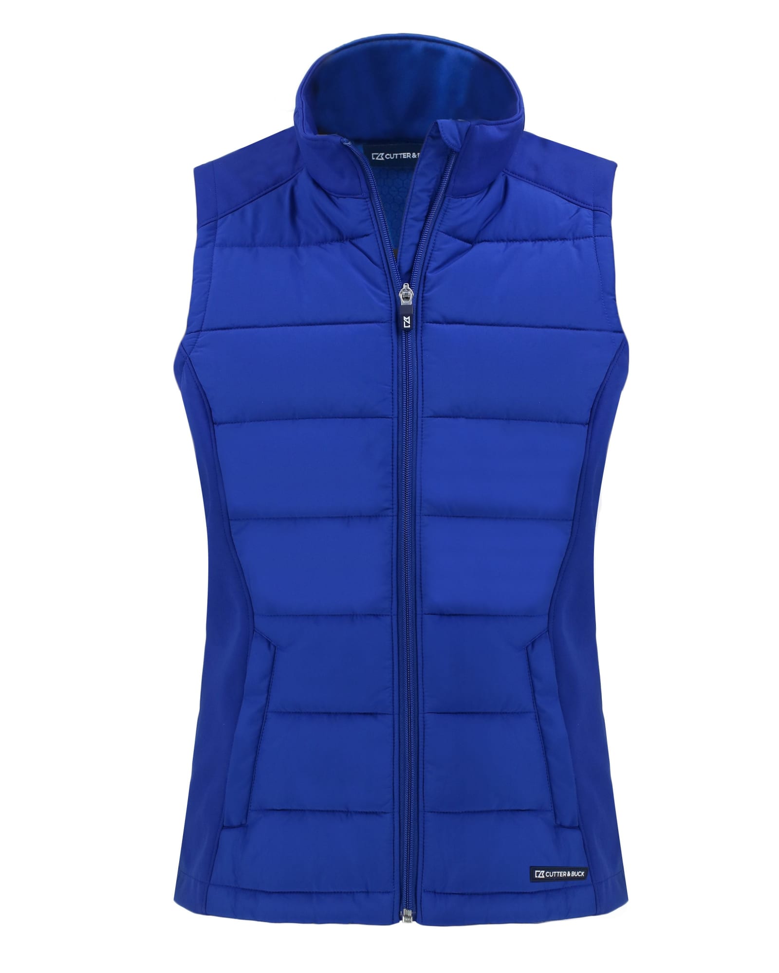 A blue eco hybrid vest with a zip front and a stand-up collar, featuring a logo on the hem.