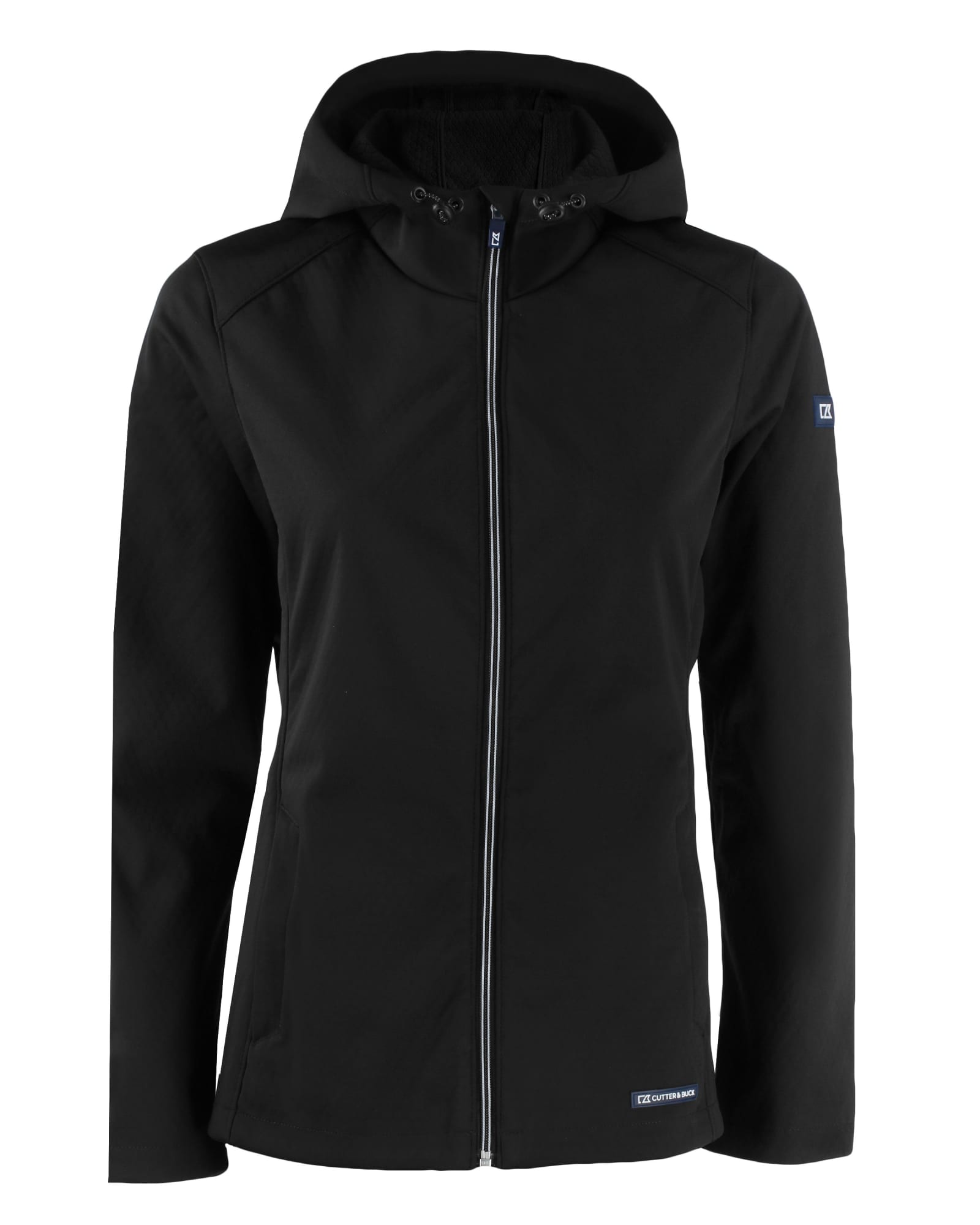 A black softshell jacket with a hood and front zip, featuring a logo.