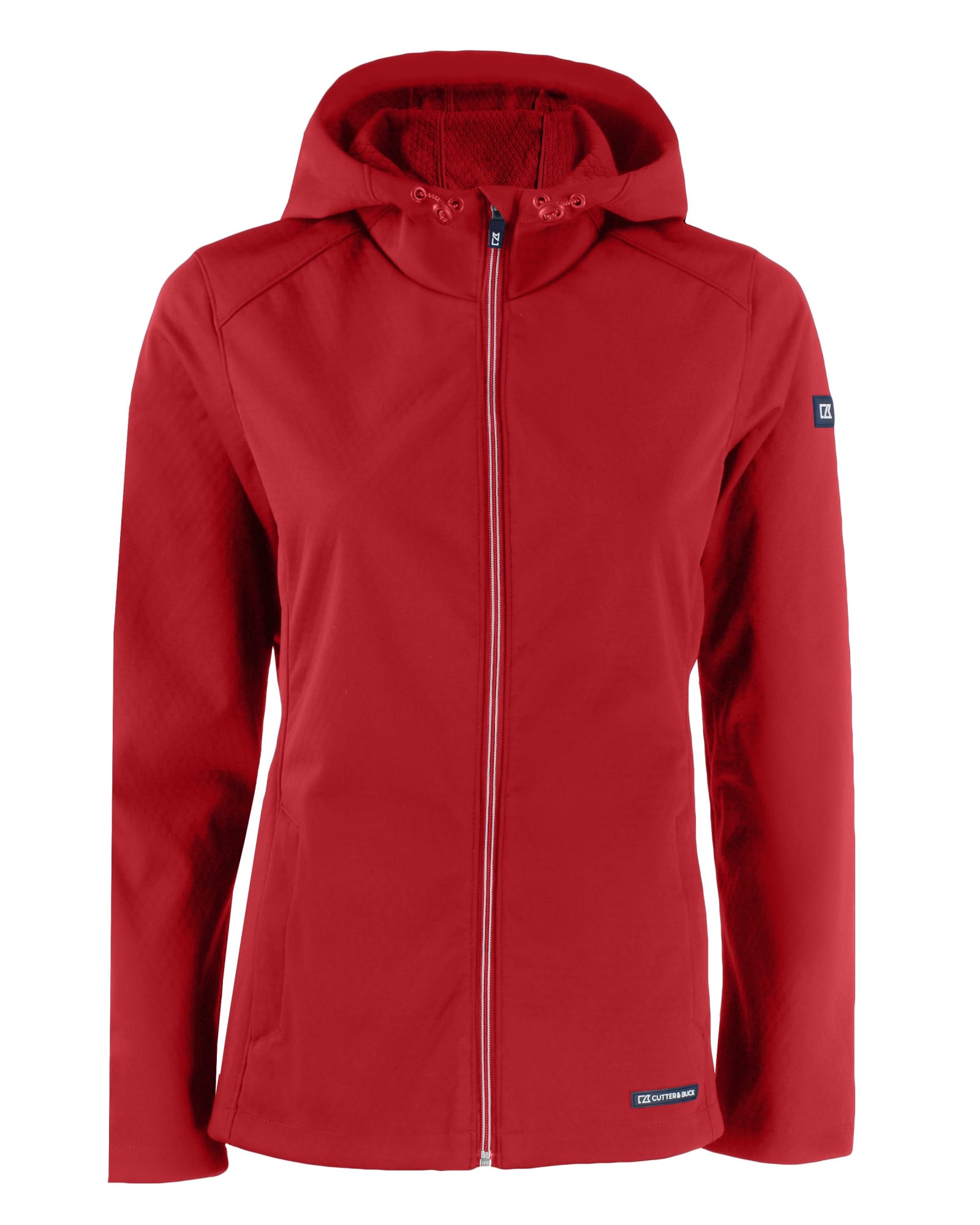 A red softshell jacket with a hood and a zip front, featuring a logo on one sleeve.