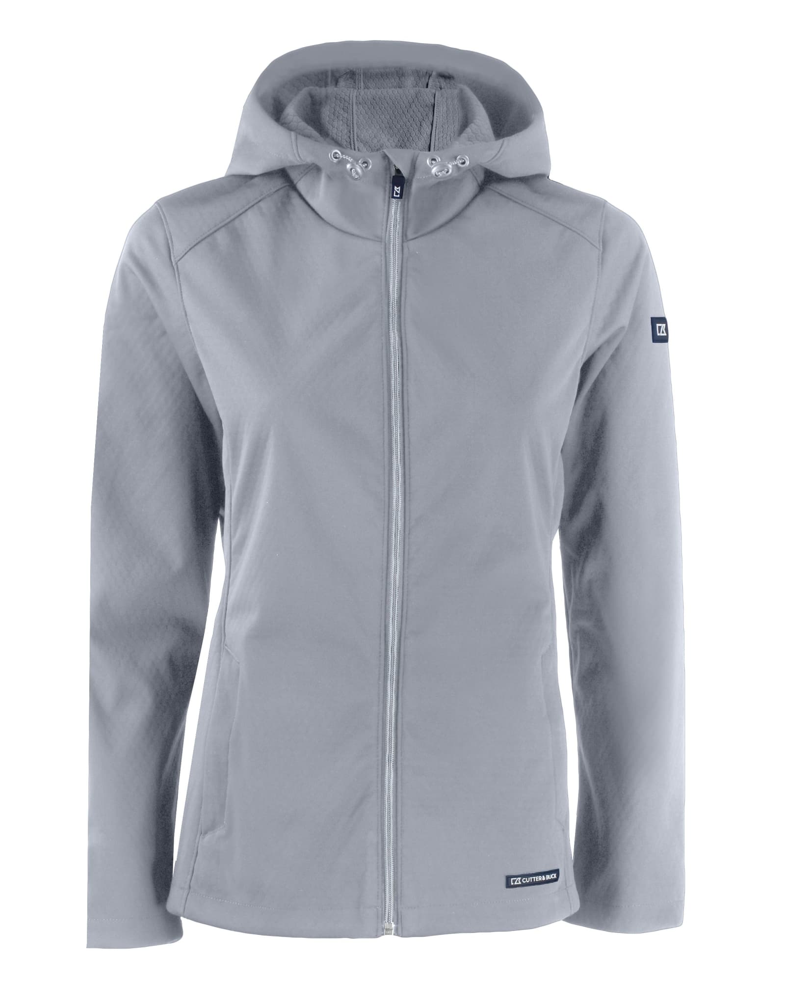 A softshell jacket in light grey with a hood, featuring a side logo and a zip front closure.