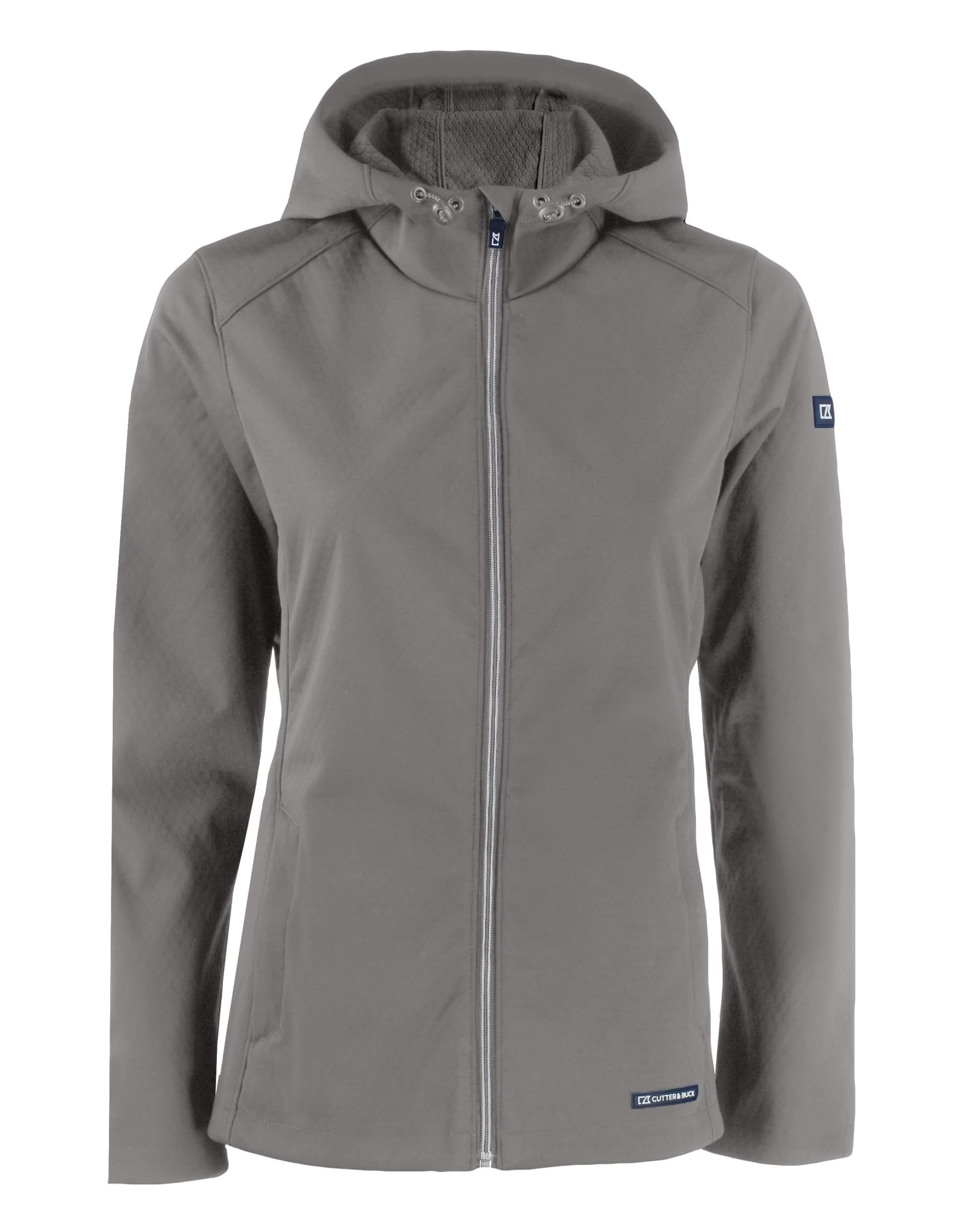 A grey softshell jacket with a hood and zip front, featuring a logo on the sleeve.