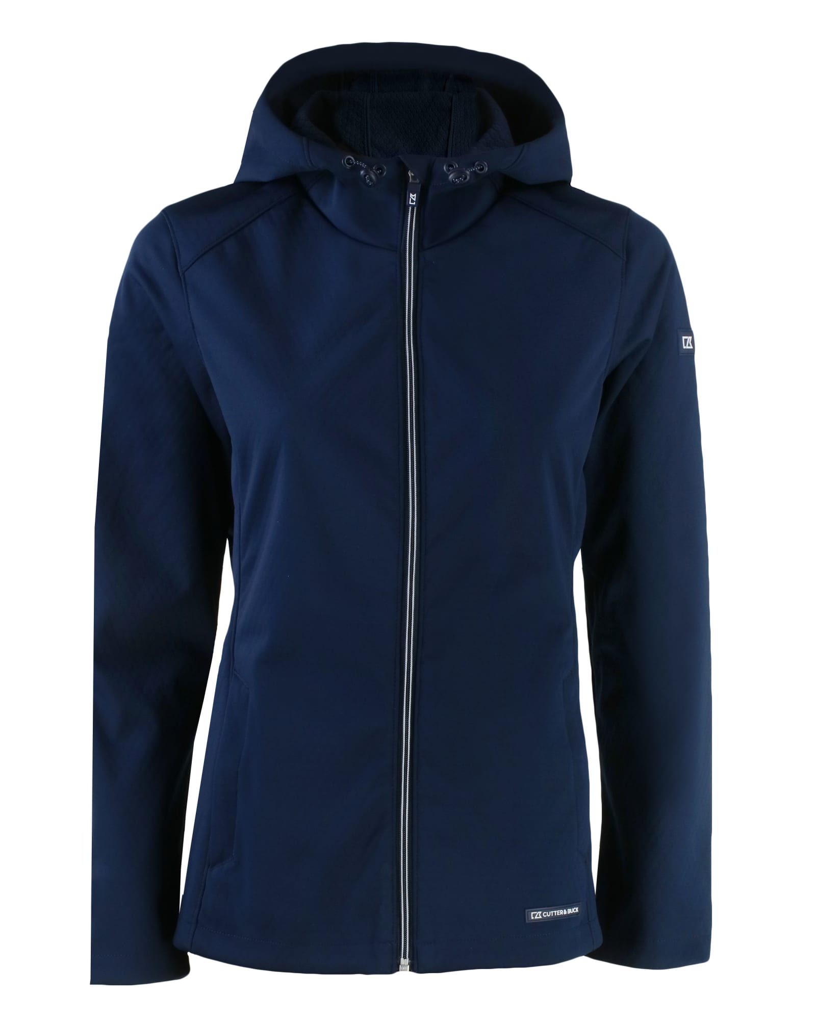 A navy softshell jacket with a hood, featuring a front zip and a logo on one sleeve.