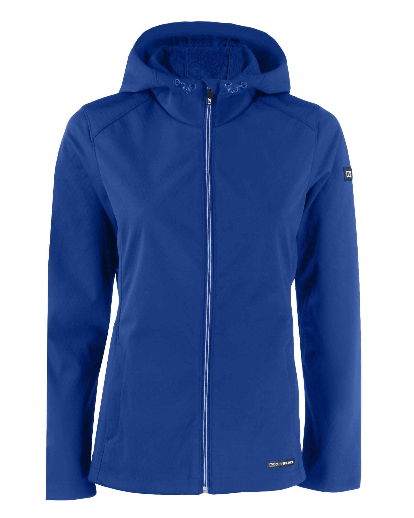 A blue softshell jacket for ladies with a hood and a front zip, featuring a logo on the sleeve.