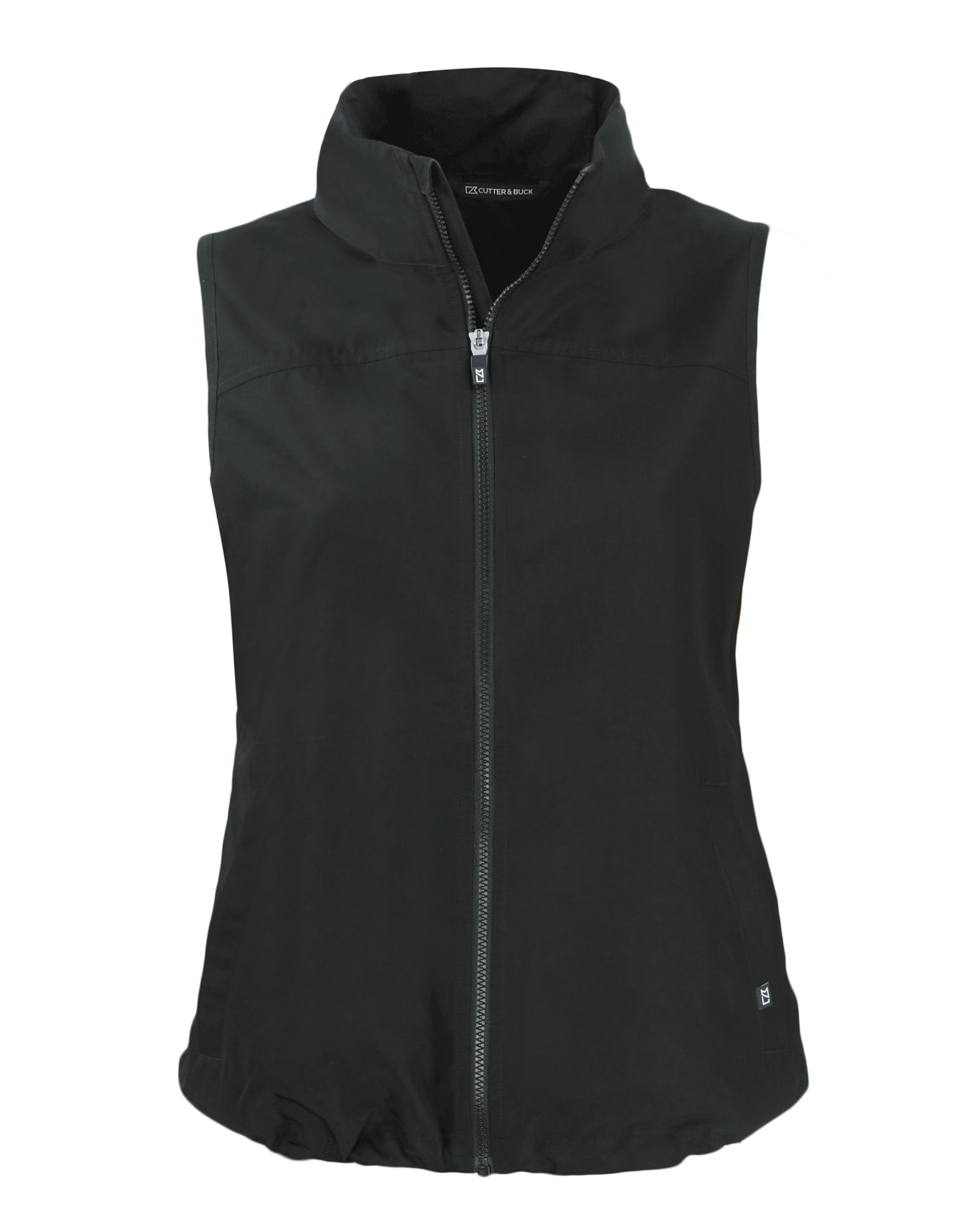 A sleeveless black vest with a high collar and front zipper. It features a logo on the side.
