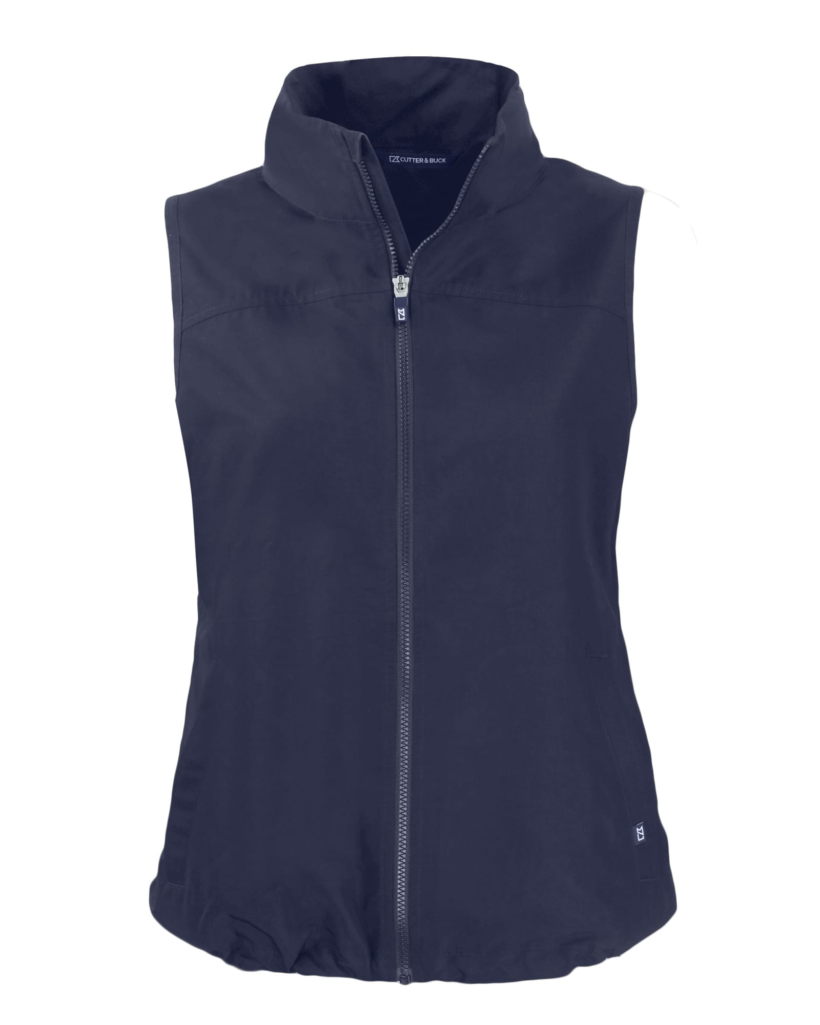 A navy blue eco vest features a zip front and a mandarin collar, with a logo on the side.