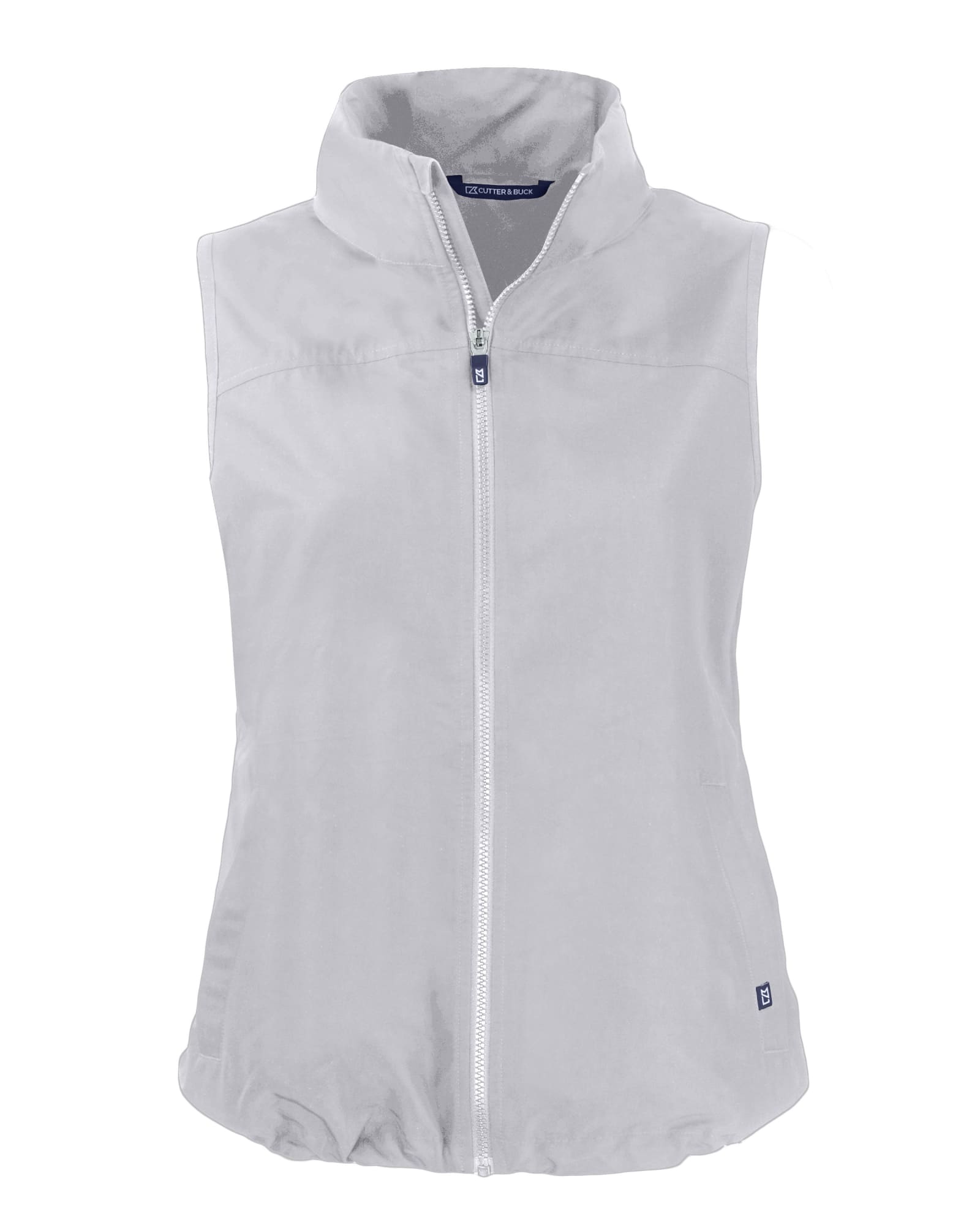 A light grey vest with a high collar and front zipper, featuring a logo. Ideal for layering or outdoor activities.