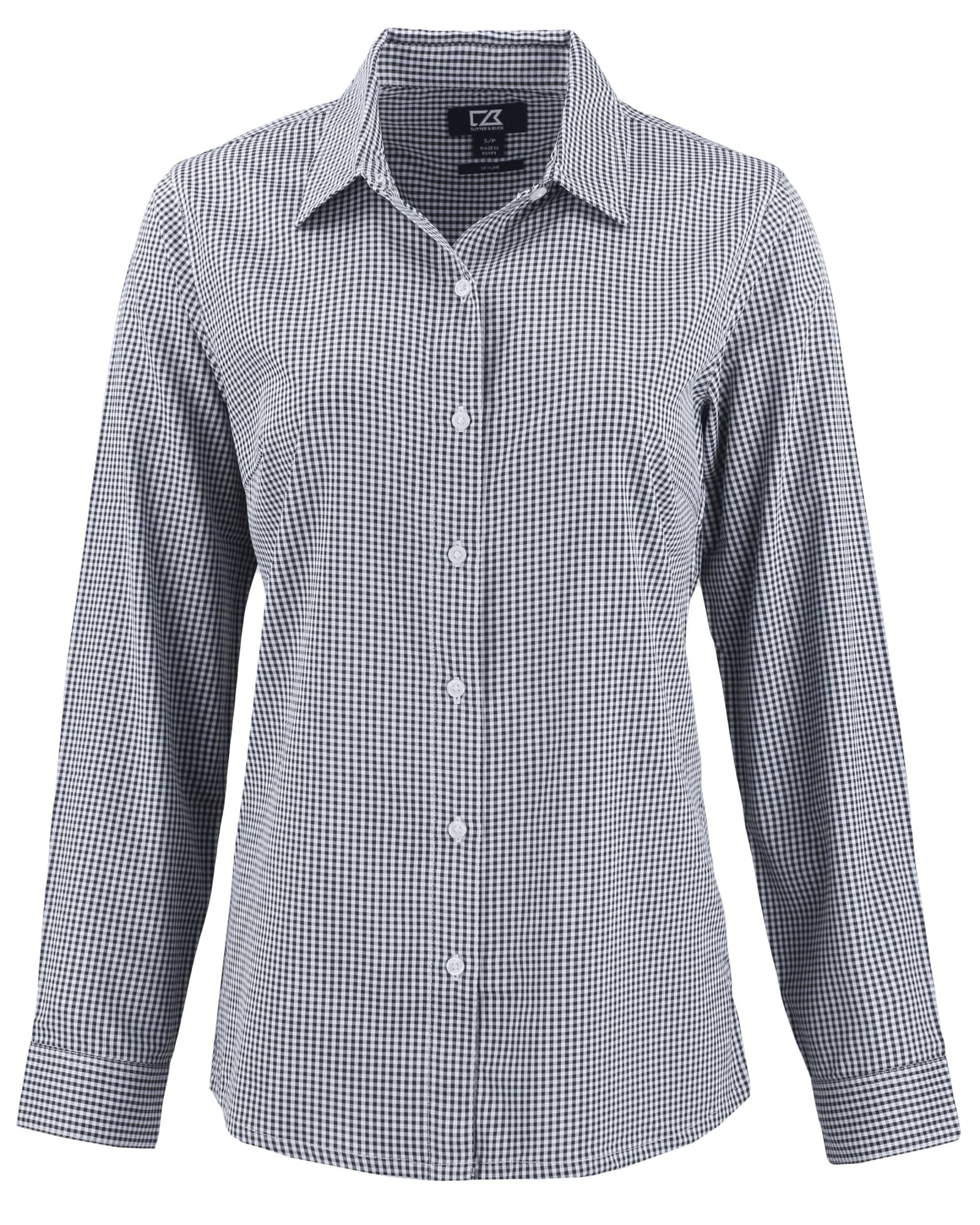 A ladies' shirt in a black and white gingham pattern, featuring long sleeves and a collared neckline. It has a logo.