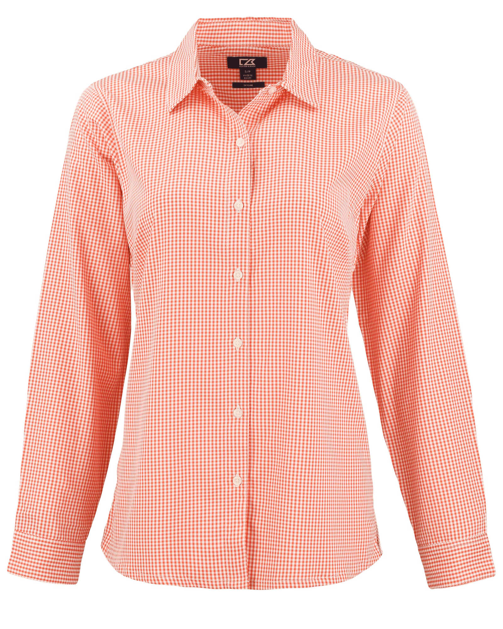 A ladies' shirt in a vibrant orange gingham pattern with long sleeves and a collar, featuring a logo.