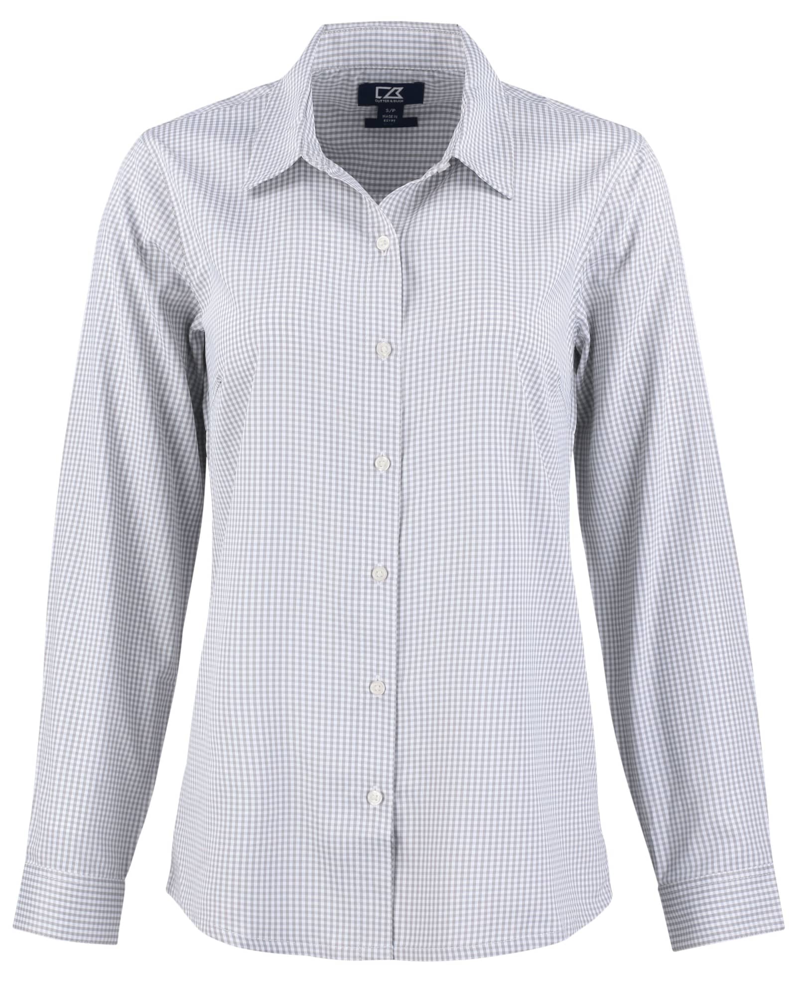 A ladies' shirt in light blue and white gingham pattern, featuring a button-up front and long sleeves.