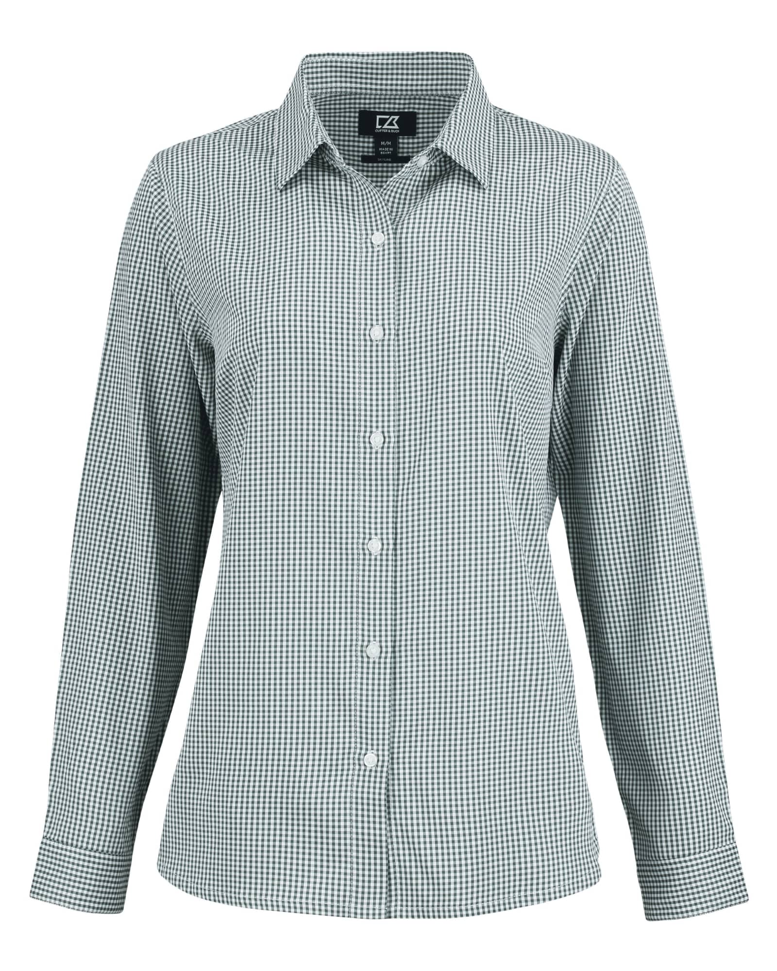 A fitted ladies shirt in green and white gingham pattern with long sleeves and a collared neckline. Features a logo.