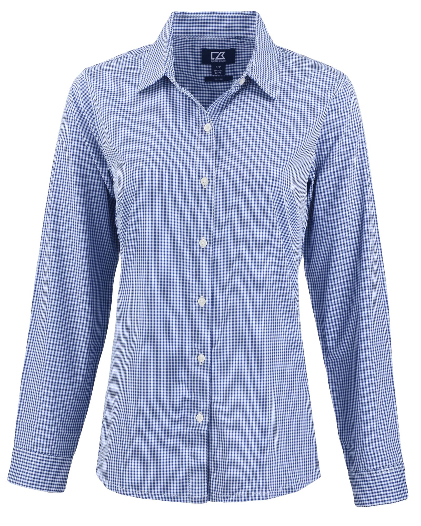 A blue gingham check women's shirt with a button-down front and long sleeves. It features a logo on the label.