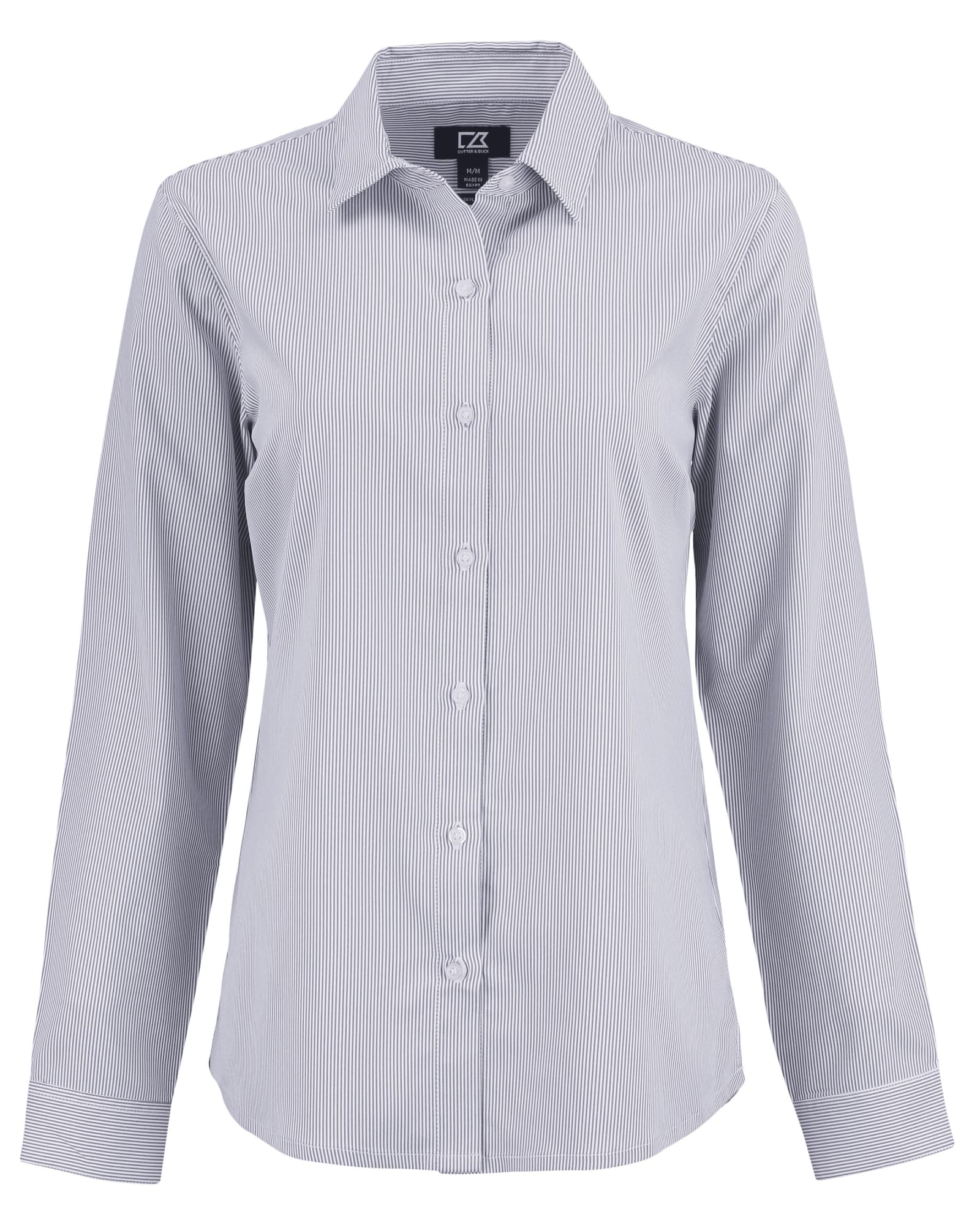 A light blue pinstripe shirt for ladies featuring a collared neckline and button-up front. It has a logo on the label.
