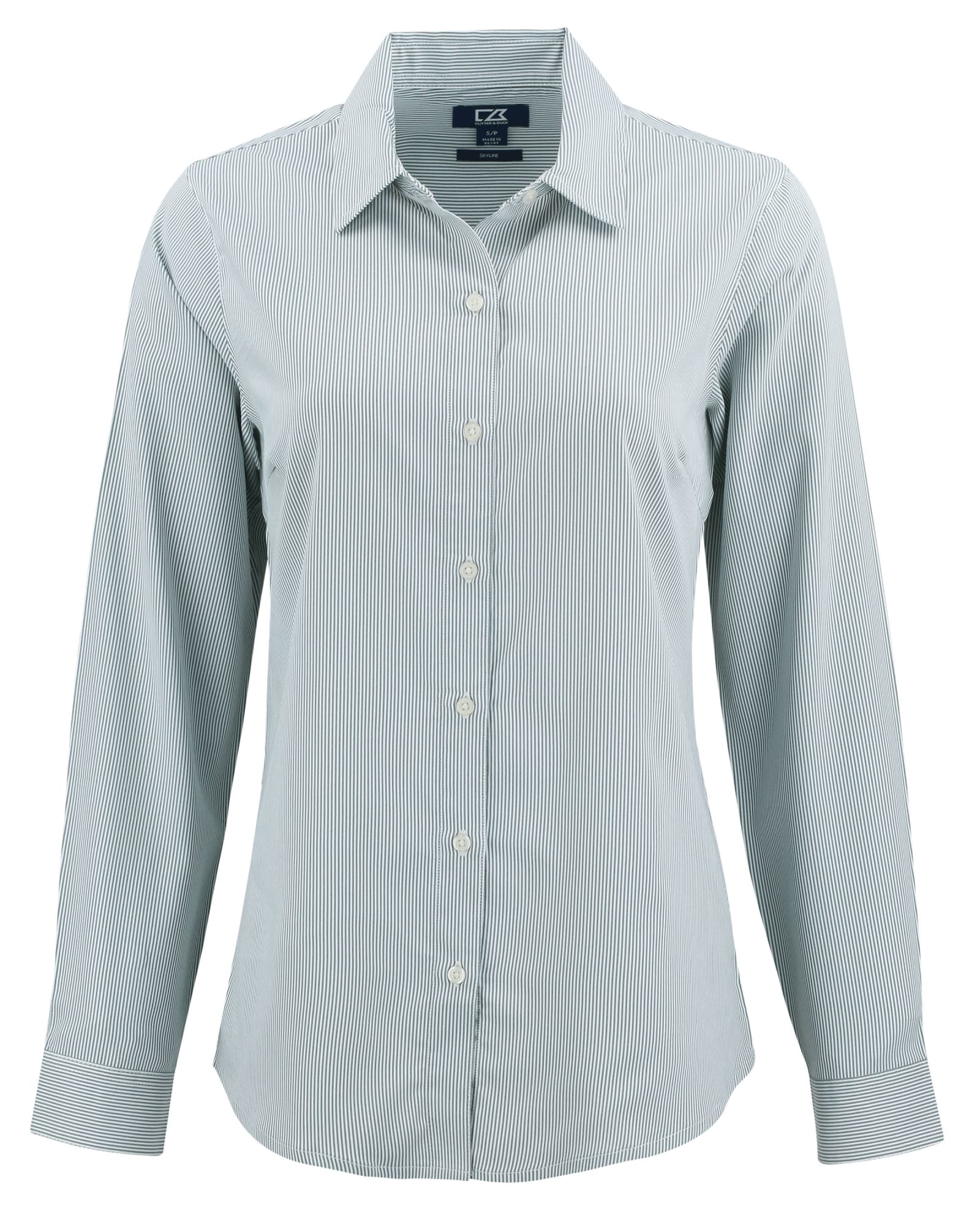 A light blue pinstripe shirt featuring a button-up front and long sleeves, with a collar and logo.