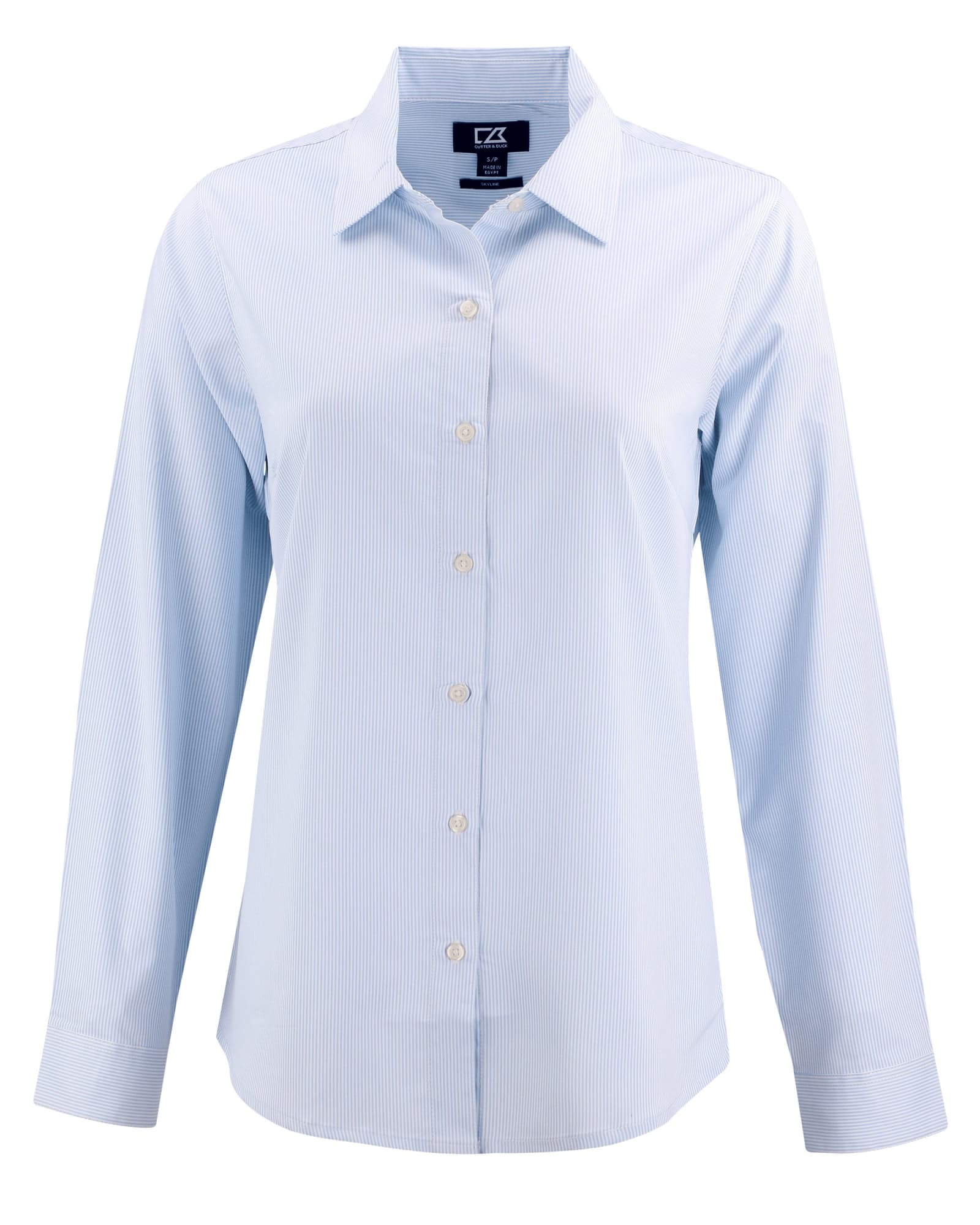 A light blue pinstripe shirt with a collared neckline and long sleeves, featuring buttons down the front and a logo.