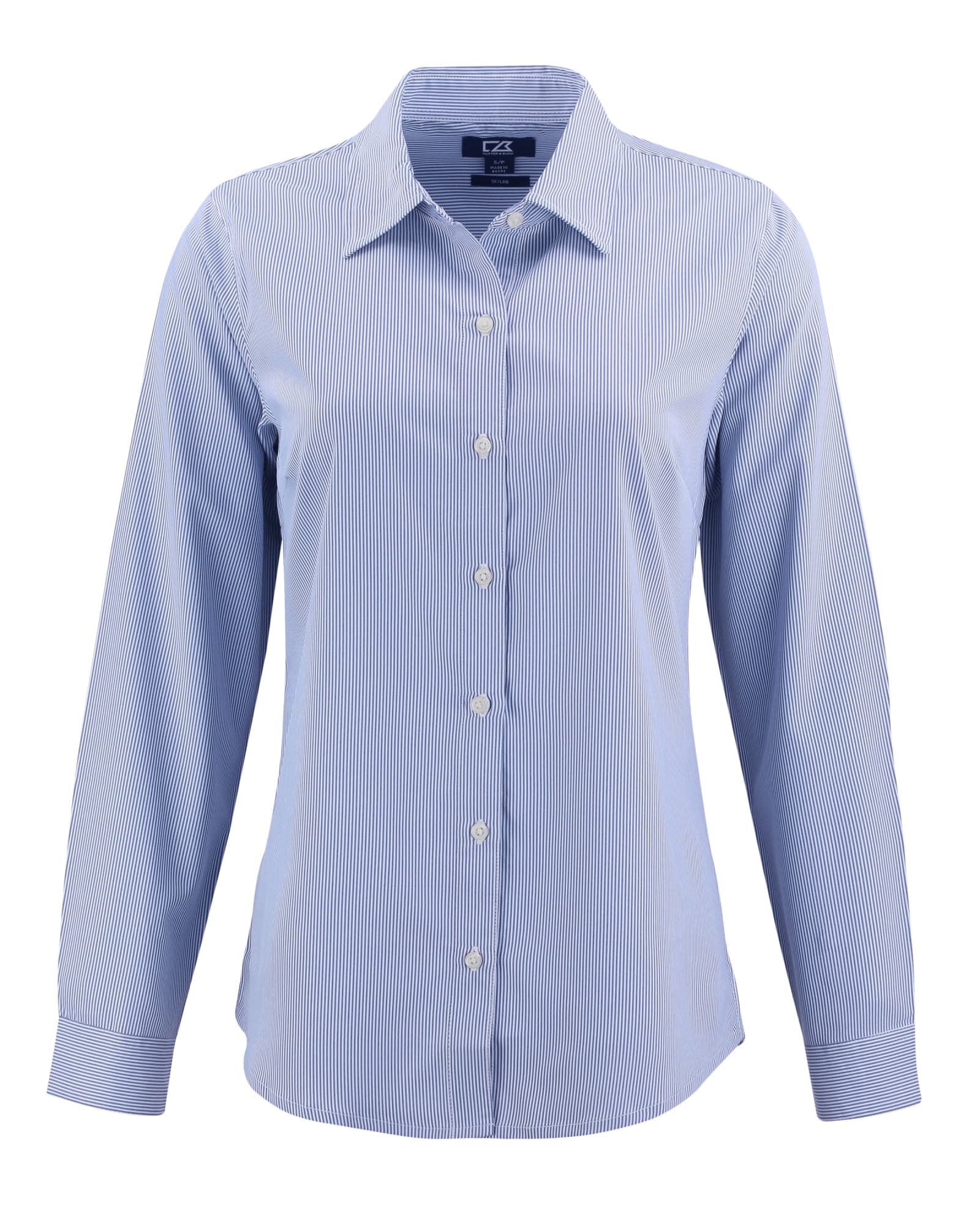 A pinstripe shirt in light blue with long sleeves and buttons, featuring a logo on the shirt.