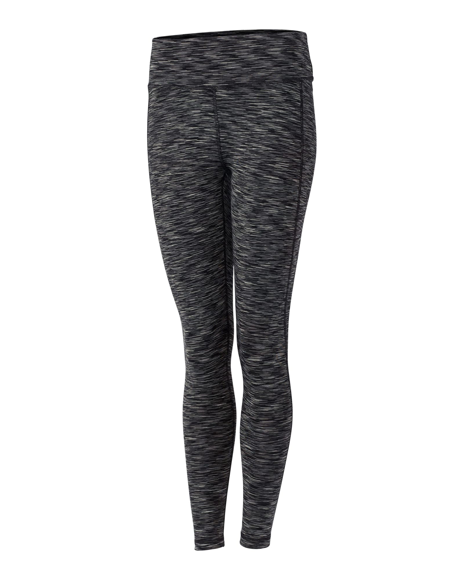 Ladies bolt active space dye leggings in a black and grey pattern, featuring a fitted design and a waistband.