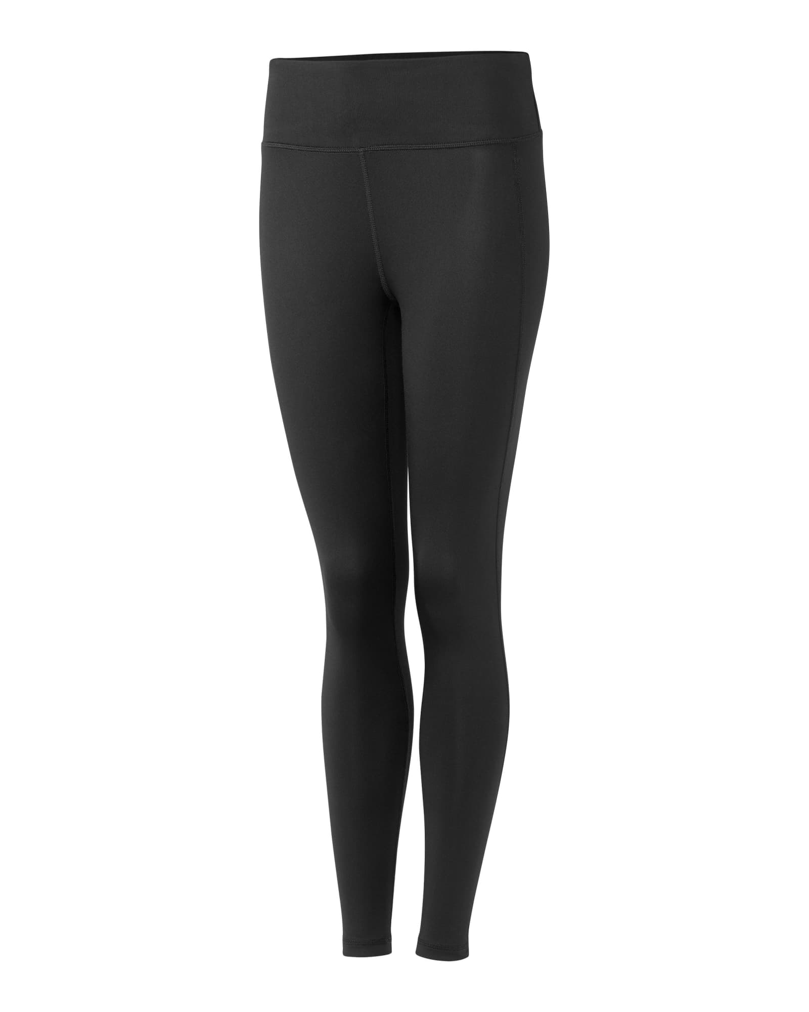 Black active leggings with a high waistband, featuring a logo. Designed for comfort and movement.