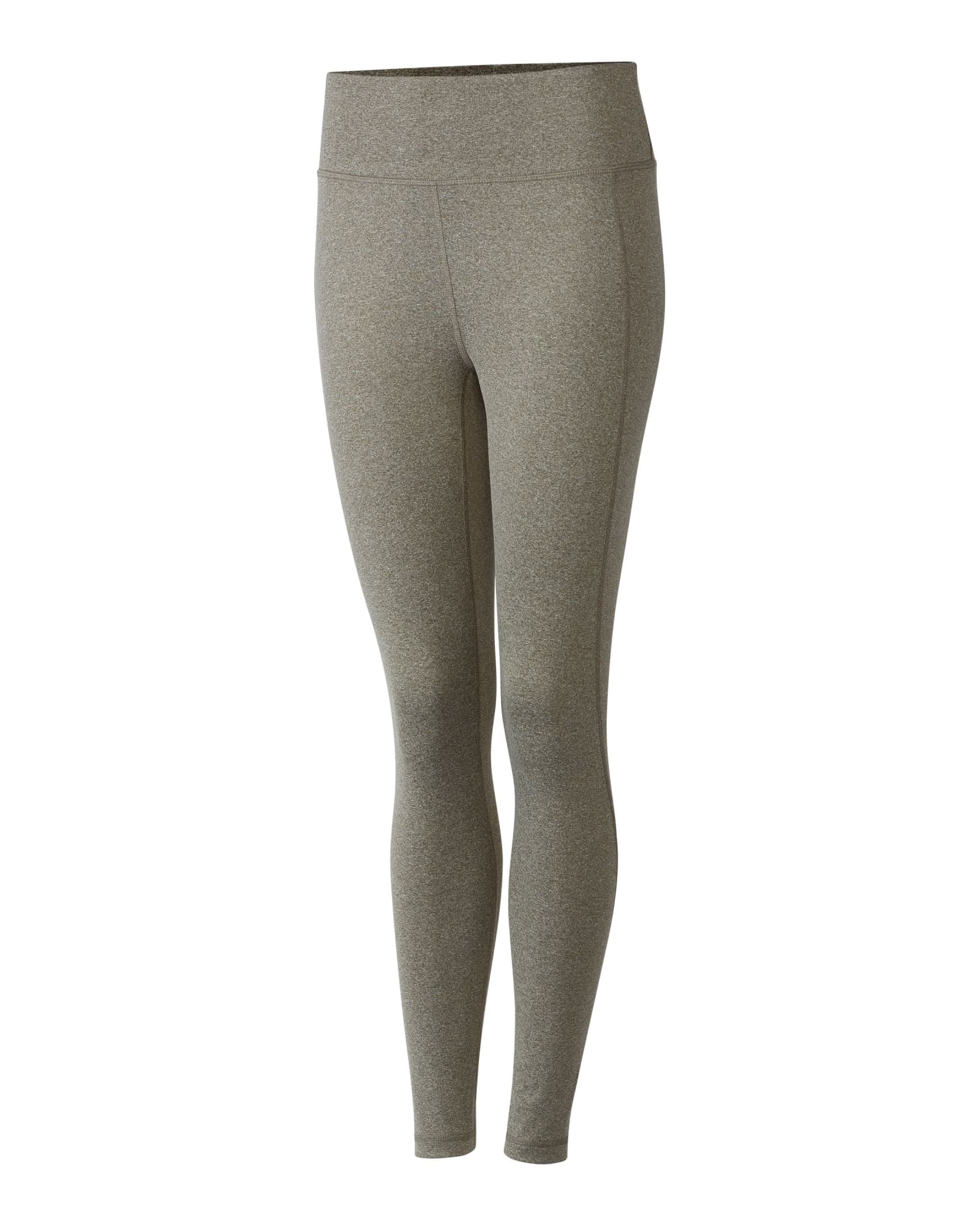Active leggings in a muted grey colour, featuring a fitted design and a smooth waistband. Includes a logo.