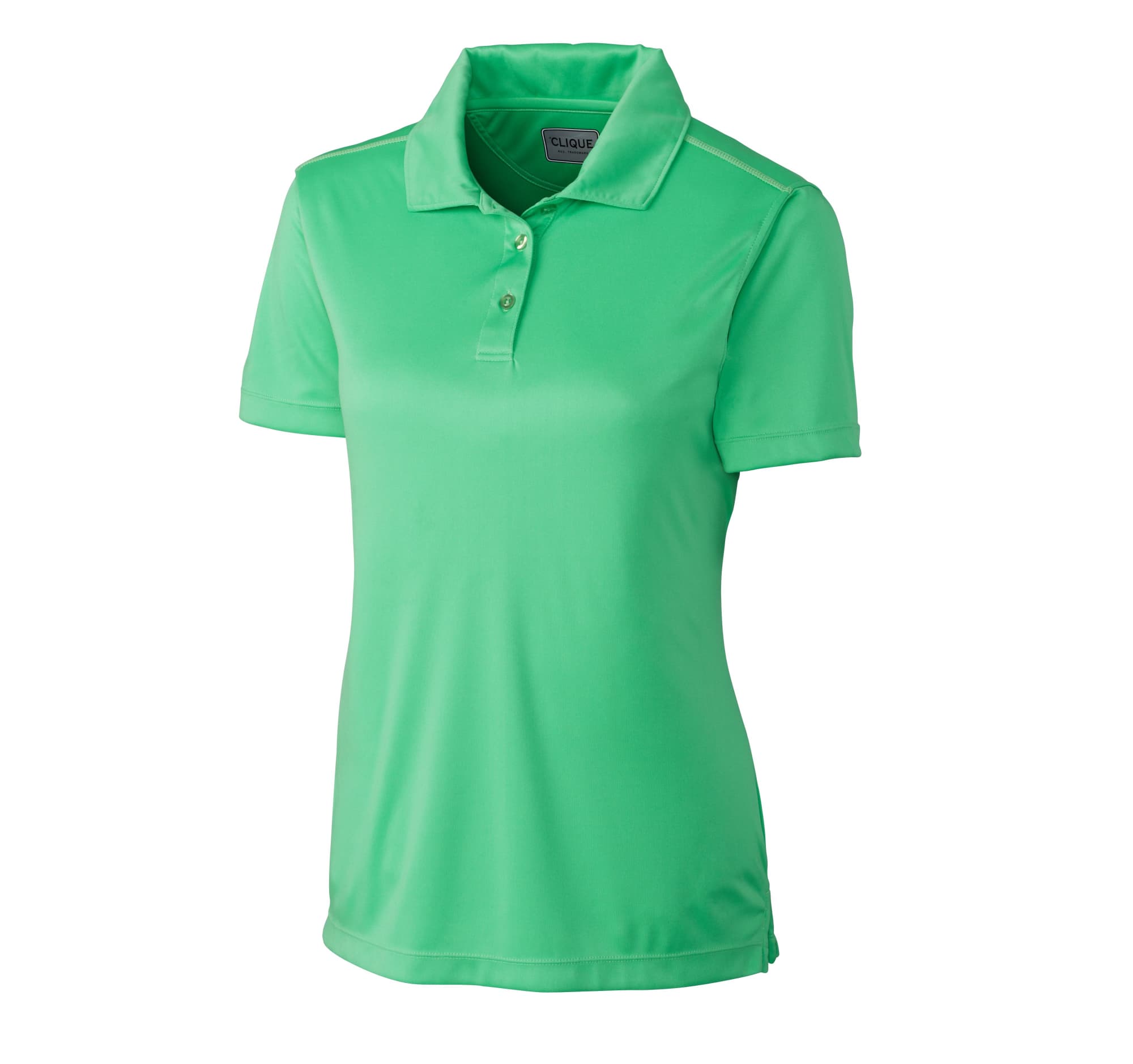 A green ladies polo shirt with a collar and short sleeves, featuring a logo on the chest.