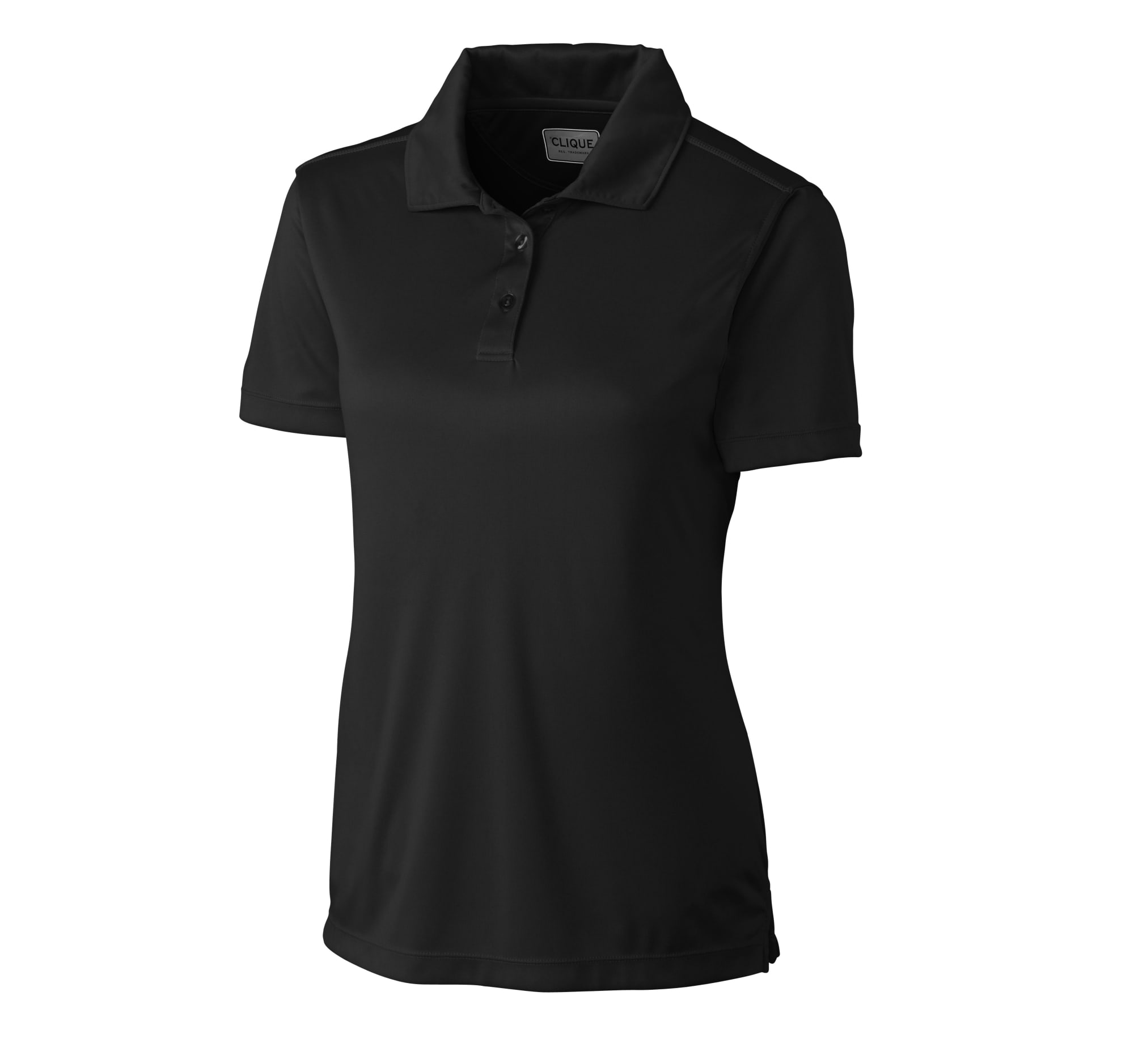 A black ladies polo shirt with a collar, short sleeves, and a logo on the front.