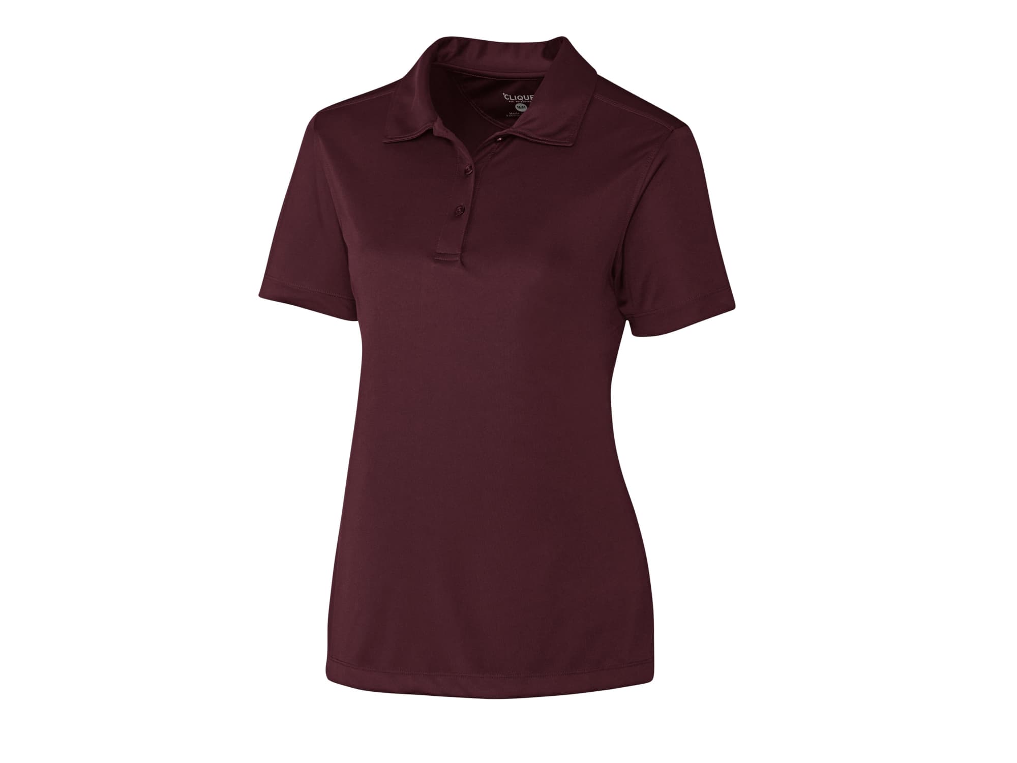 A burgundy polo shirt with a collar and short sleeves, featuring a logo on the chest.